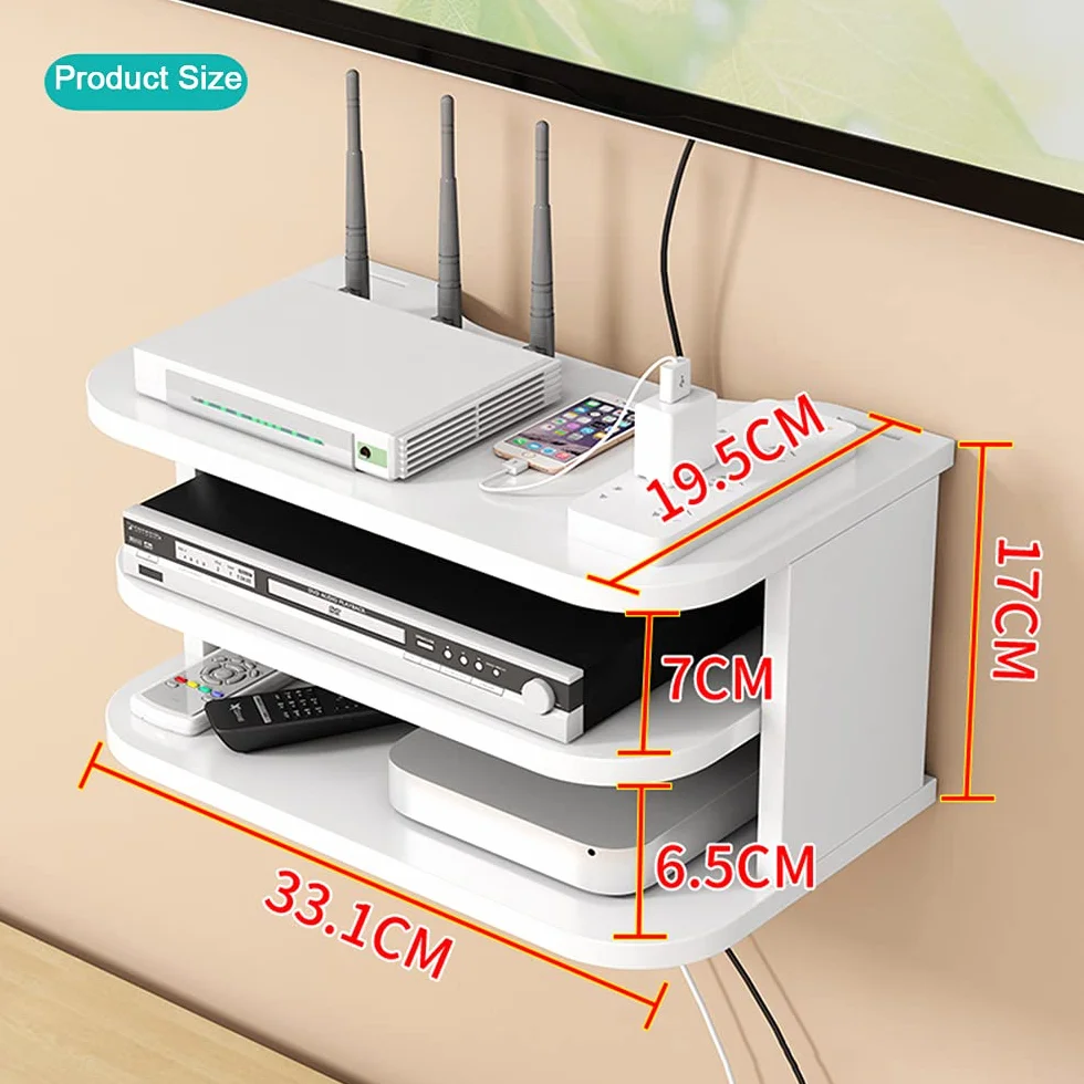 Estante de Pared para Router WiFi y Decodificador, 3 Niveles, Blanco | Madera maciza de 12 mm, diseño abierto y 3 niveles; permite organizar cables, no bloquea la señal y es fácil de limpiar.