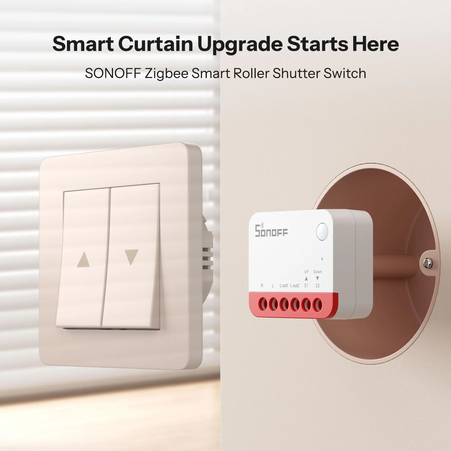 SONOFF Interruptor Zigbee para Persiana enrollable MINI-ZBRBS, Tamaño Mini, Control Porcentual, Repetidor Zigbee, Compatible con Alexa/Google Assistant/Home Assistant, Neutro Requerido, 1 Unidad