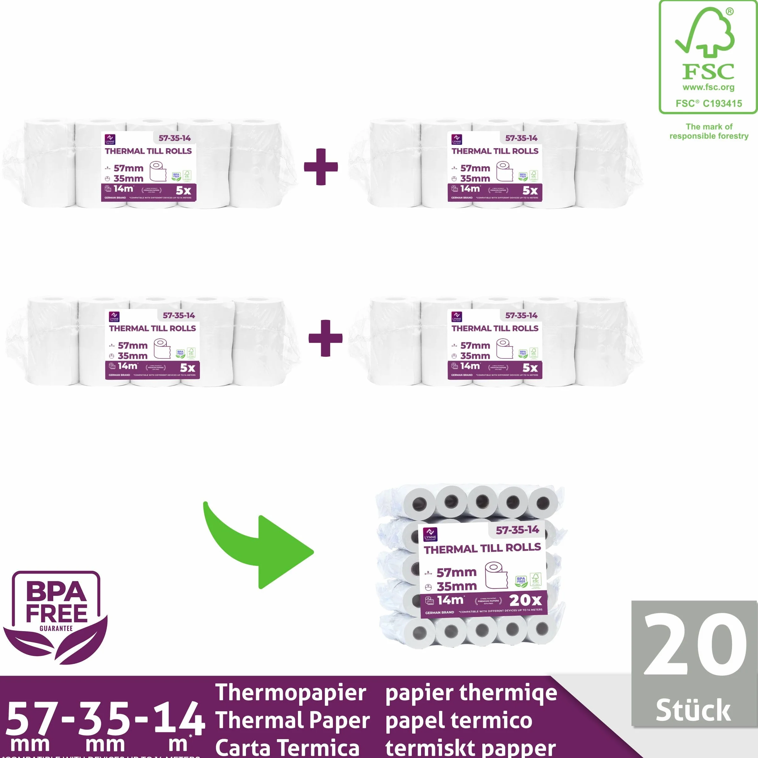 LYNNE - Rollos Papel Datafono Térmico 57x35x12mm para todos los TPV y las impresora térmica - Rollo papel térmico 57mm x 35mm x 14m - Ideal para máquinas de tarjetas de Crédito - Papel TPV [20x]