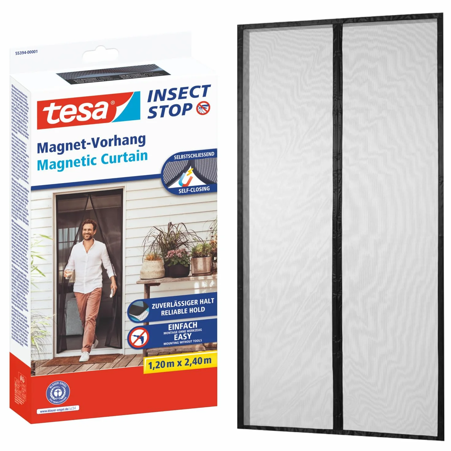 tesa Insect Stop - Cortina Mosquitera Magnética con Cierre Automático - Malla Protectora Contra Insectos para Puertas de Balcón y de Patio - Fácil Instalación sin Taladrar - 2,4 m x 1,2 m