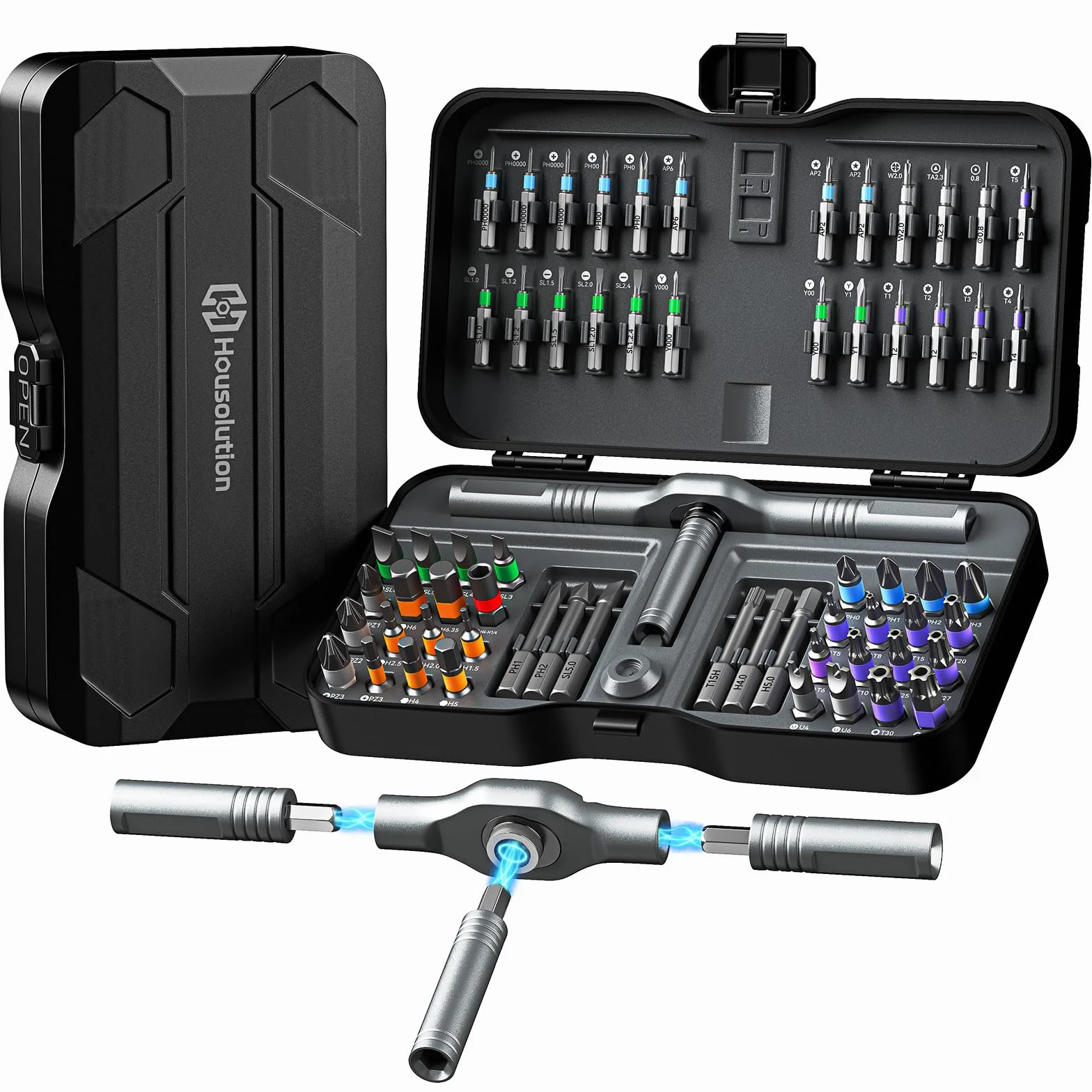 Housolution 66 en 1 Set de Destornillador de Trenza, Mango Desmontable, Cabeza 6,2°, Bits de Acero S2 Combinables, Kit Portátil para Muebles, Ordenadores, Bicicletas, DIY