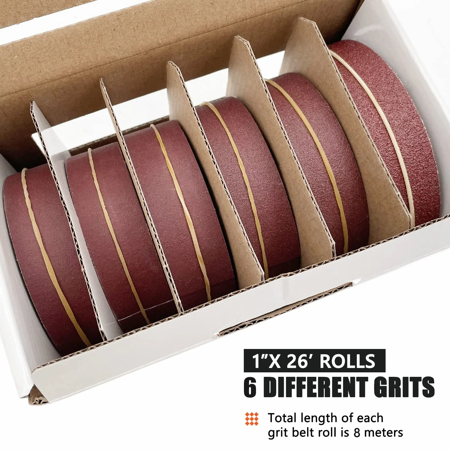 Rollo de tela Emery, rollos de papel de lija abrasivo de 6 granos, paquete surtido con dispensador para pulido de metales para carpintería, 80 150 240 320 400 600Grits Correas de lijadora de 8 metros