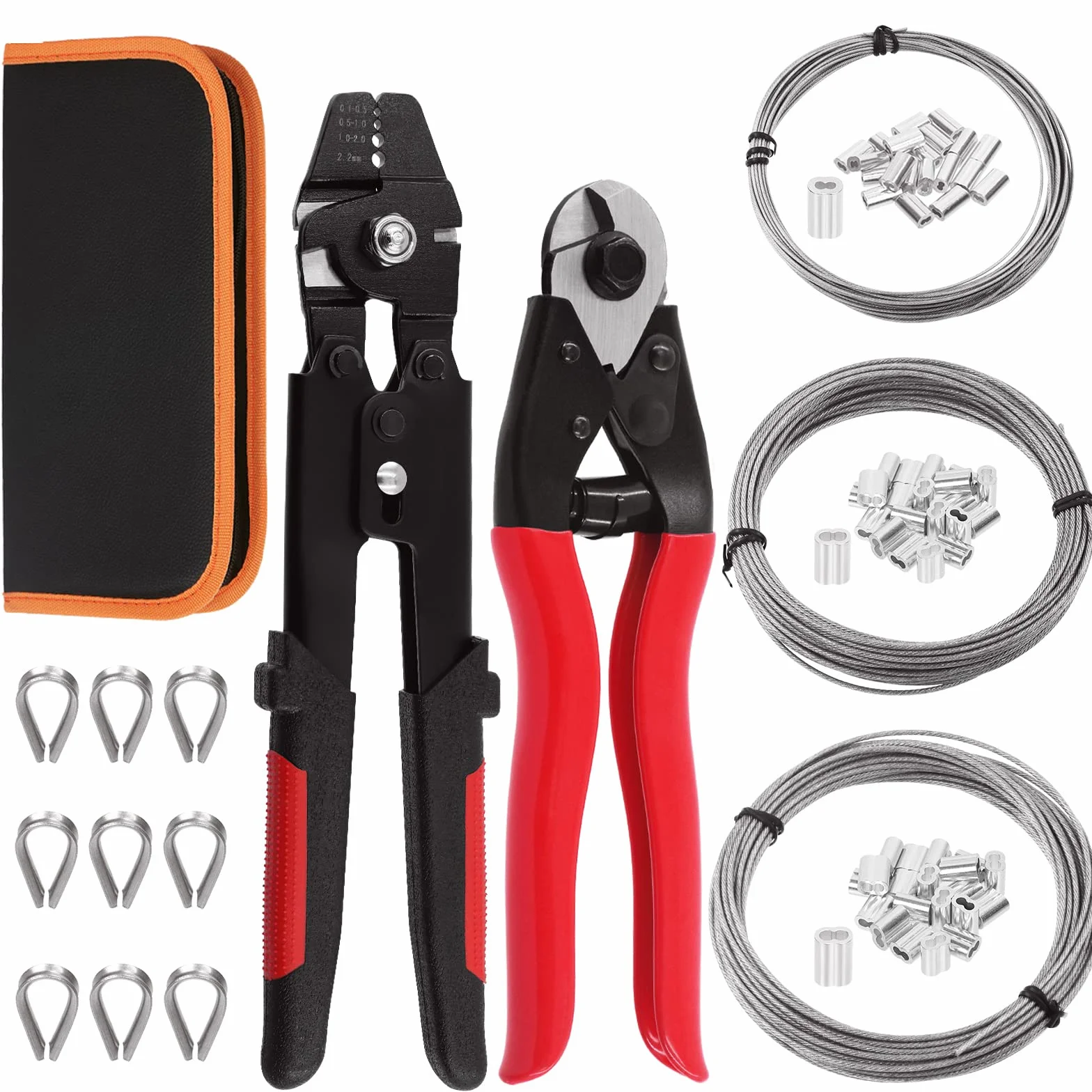 Swpeet 165 herramientas profesionales de crimpado de cuerda de alambre de hasta 2,2 mm y cortador de cables, manga de doble bucle de crimpado de aluminio con dedal de acero inoxidable y kit