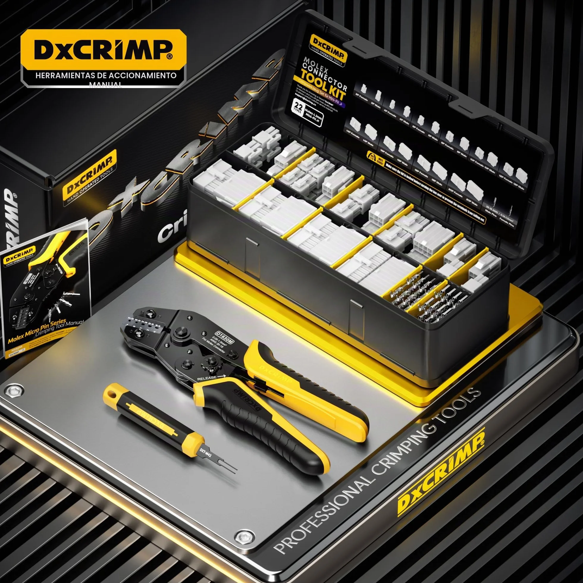DxCRIMP Kit de Alicates de Terminales Mini-Fit Jr 4,2 mm — Set de Crimpado; Carcasas y Terminales 2–20 pines(26–16 AWG/0,14–1,5 mm²) con Crimpadora de Carraca y Extractor; ATX/EPS/PCIe, fuente modular