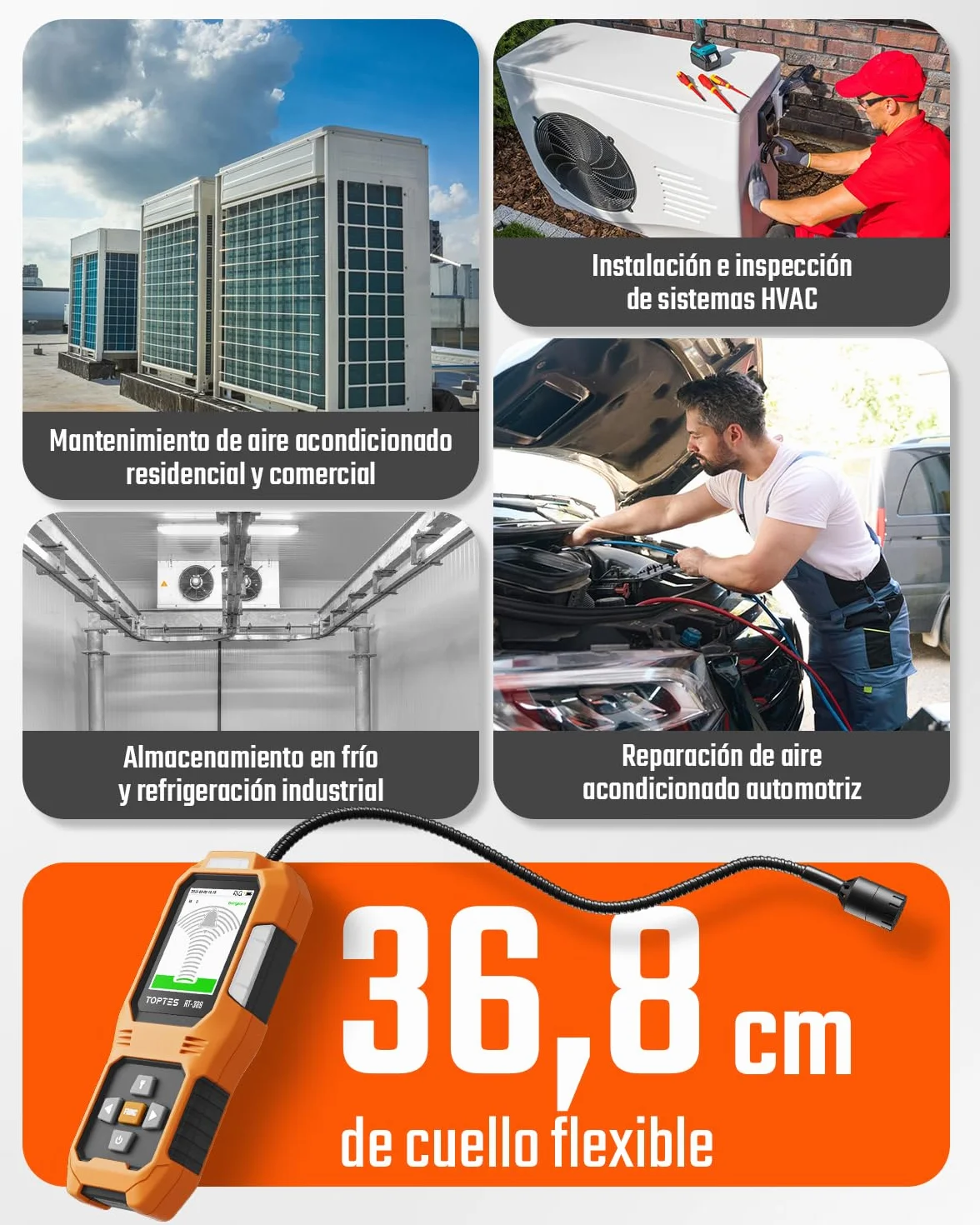 TOPTES RT-389 Detector de Fugas de Refrigerante Recargable, 3 Modos de Sensibilidad, Freón, CFC HCFC HFC HFO HC, Naranja