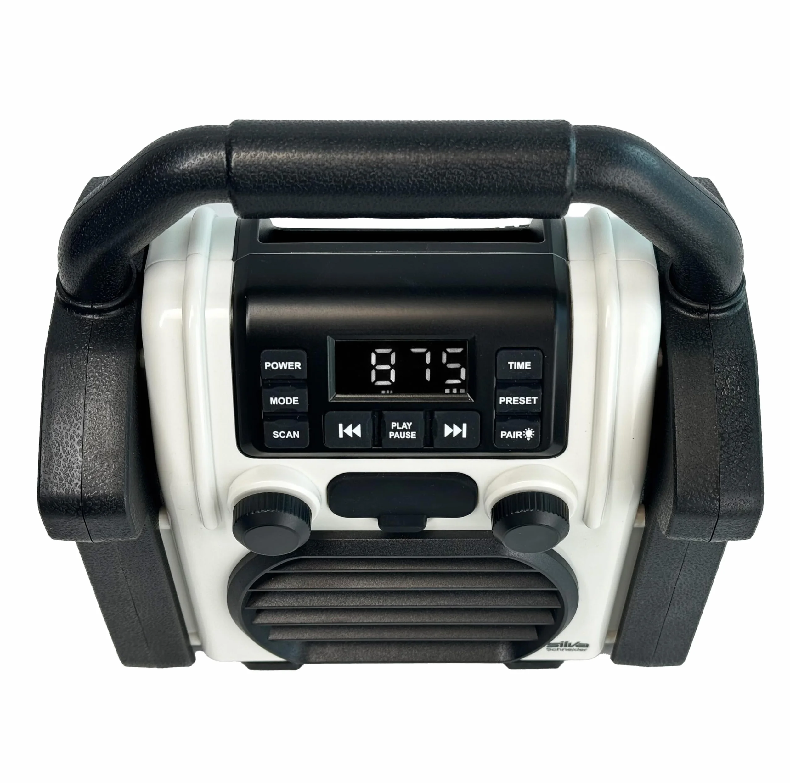 BR 230 BT - Radio para Obras con Bluetooth, Color Amarillo neón/Blanco Roto, Silva Schneider - Radio Digital PPL, 100 W, IP55 Resistente al Polvo y al Agua, batería de 4000 mAh, función de Carga USB