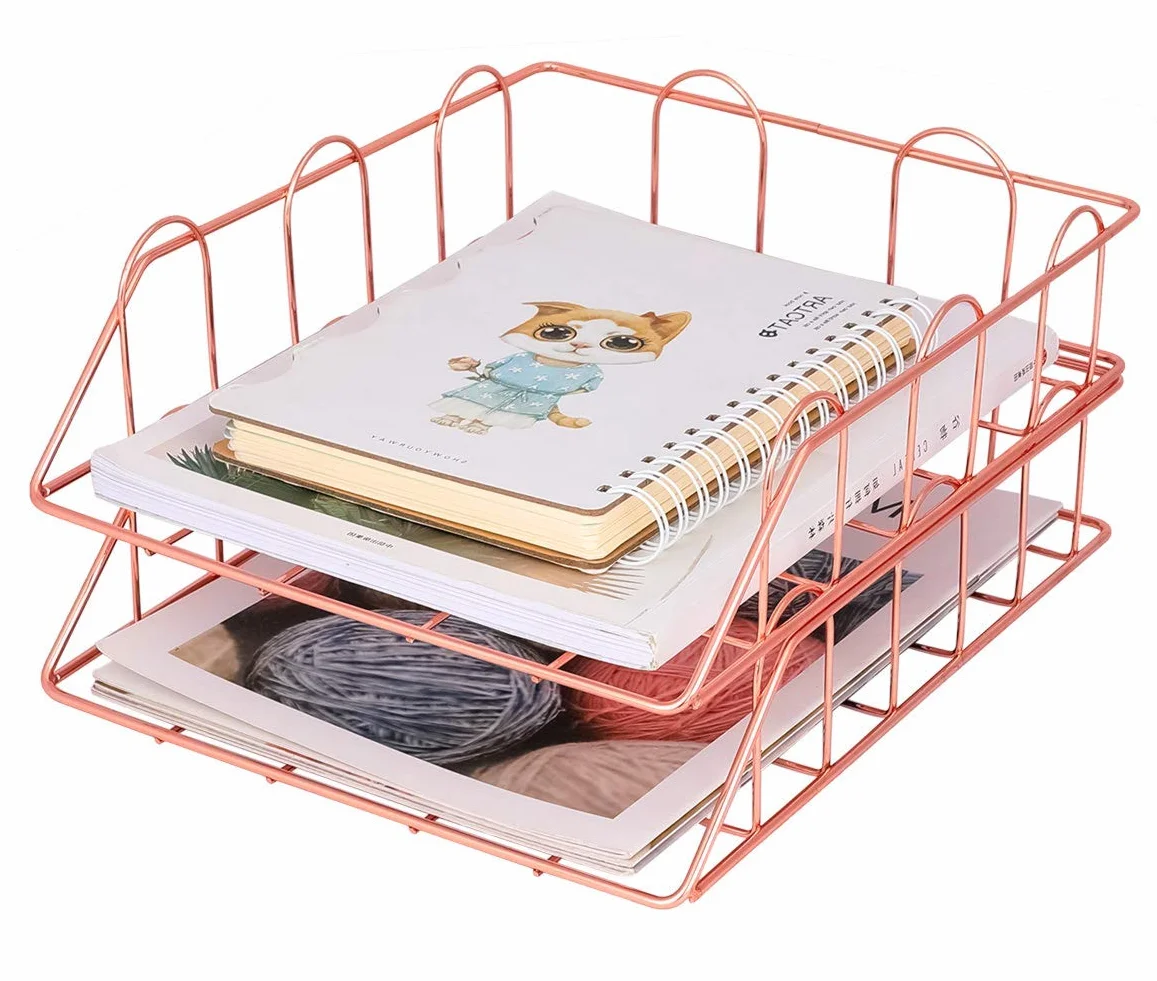 Organizador de Escritorio EasyPAG A4 Metal 2 Niveles Bandejas Apilables Oro Rosa