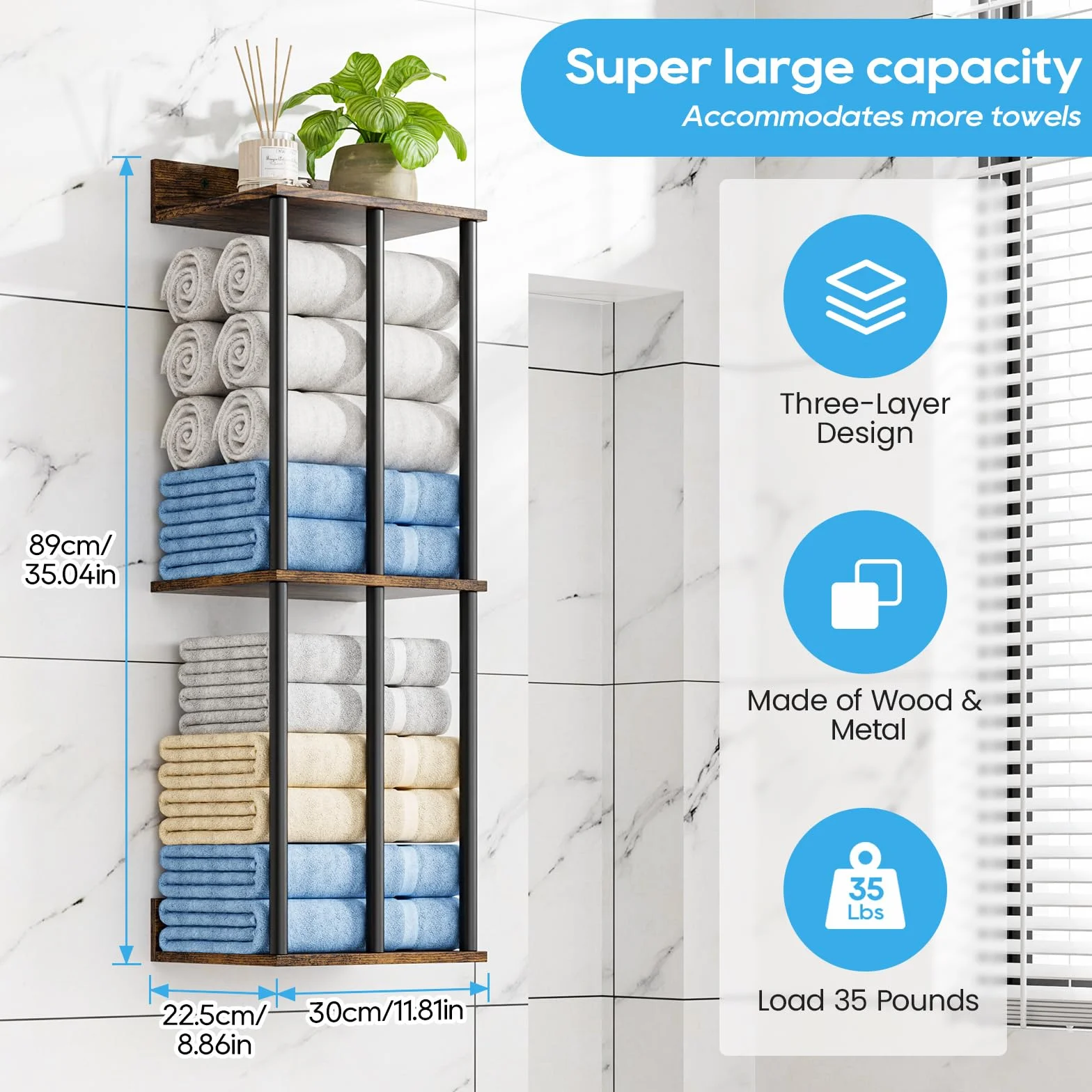 Soporte para Toallas de Pared con Estante de Madera - Organizador de Baño con 3 Barras, Gran Capacidad y Fácil Instalación - Ideal para Toallas Enrolladas - Marrón