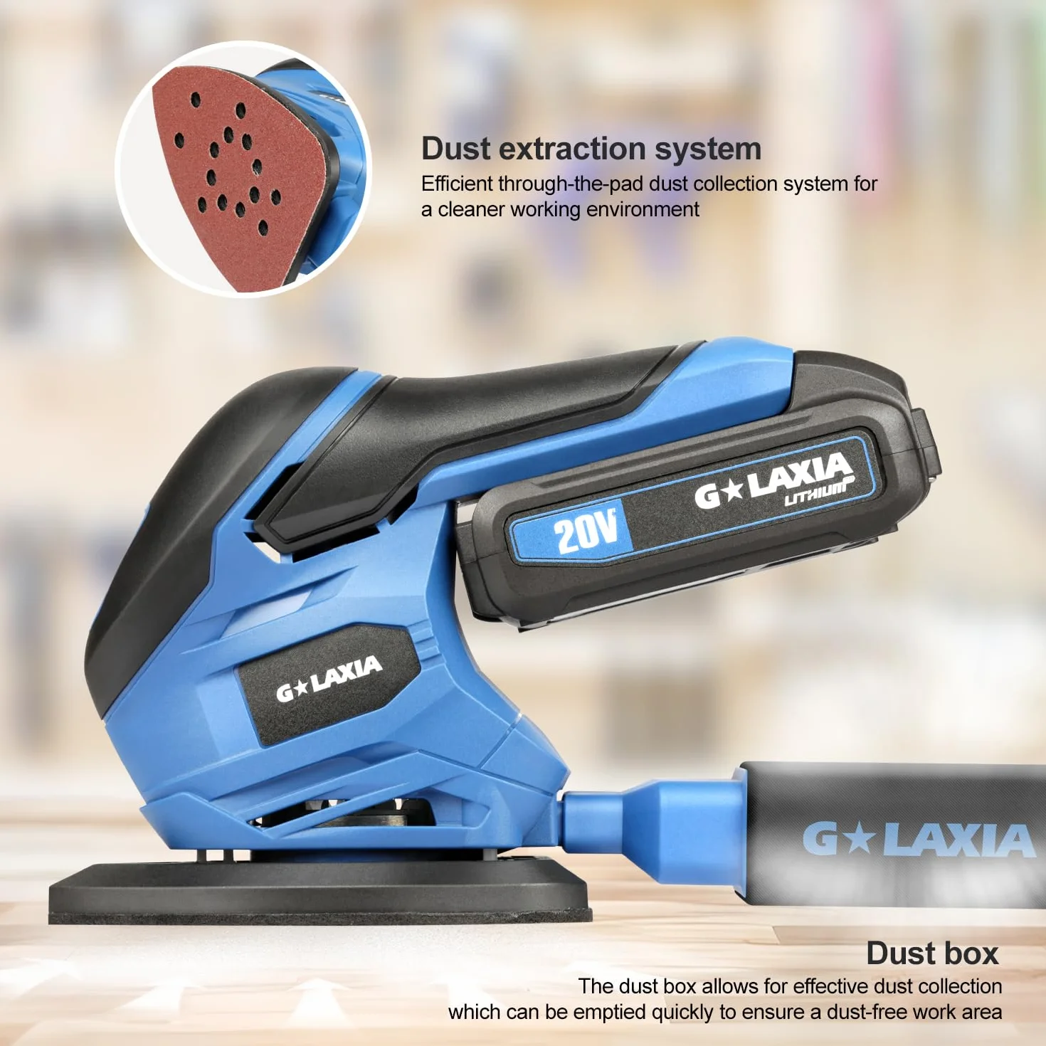 Lijadora multifunción inalámbrica 20V Li con bolsa de recogida de polvo, 20 hojas de papel de lija | 20 V 140 mm x 94 mm Lijadora Delta con batería y cargador