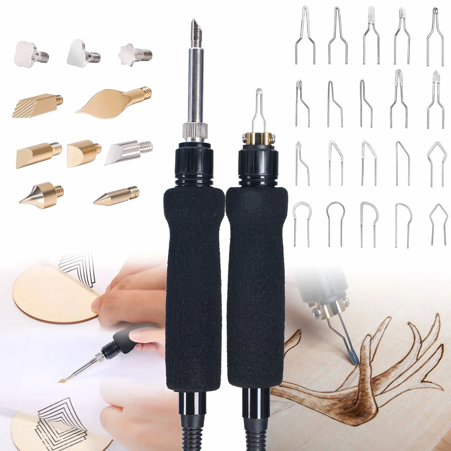 YIHUA 939D-II Estación de kit de quema de madera para pirograbado, 2 plumas de pirograbado (punta sólida y punta de alambre) con 10 puntas sólidas, 20 puntas de alambre para quemar madera(EU Plug)
