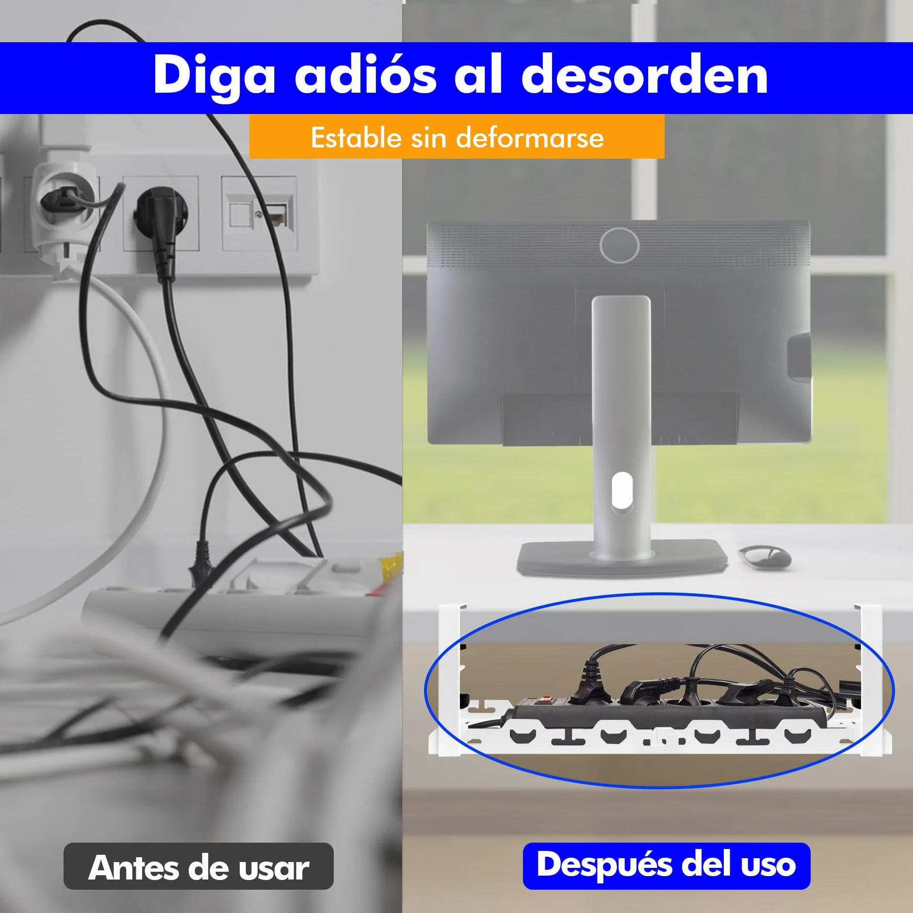 Mimoke Cesta de gestión de Cables Ajustable, sin perforación, Almacenamiento Pesado, Extensible de 40 a 74 cm, Capacidad hasta 15 kg, diseño ventilado, Adecuado para Oficina, Blanco