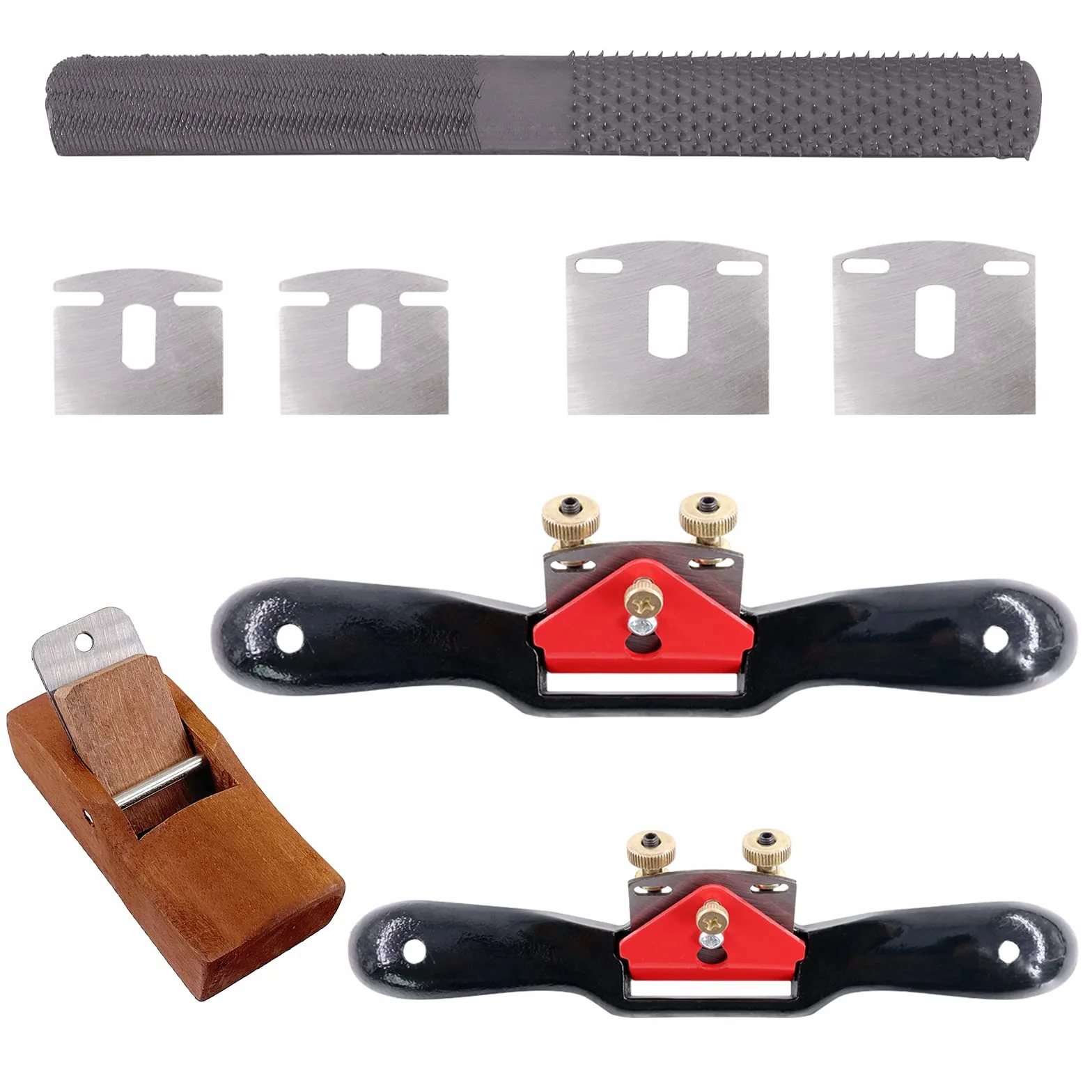 Glarks Juego de radios ajustables (2 piezas) con cuchillas de repuesto, plano para carpintería, lima de 4 vías - G2657 [metal, latón, rojo, negro, plata]