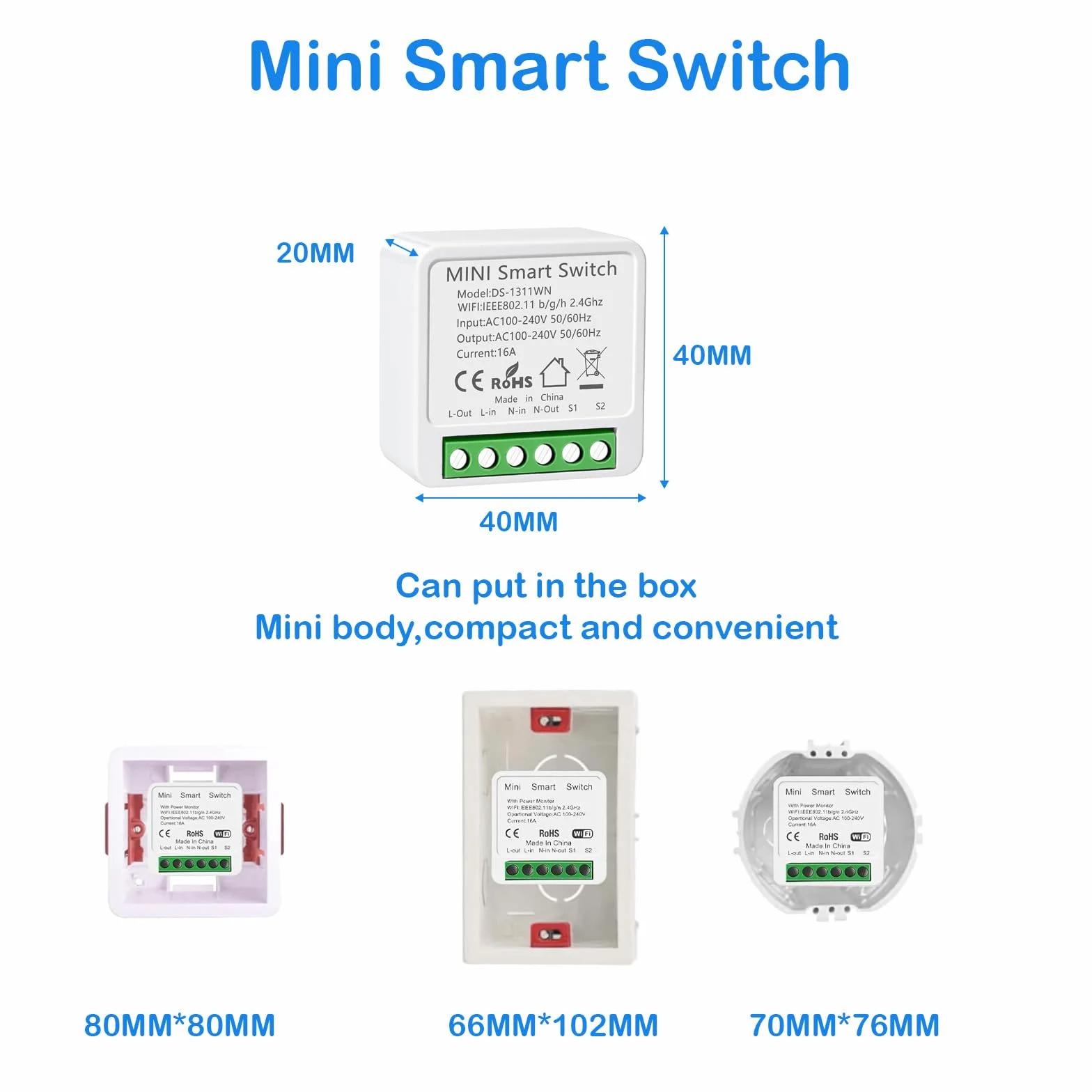 Interruptor WIFI, Interruptor Inteligente WIFI, Mini Smart Switch WIFI Compatible con Alexa,Tuya y Smart Life, Max 16A, 2.4GHz Interruptor Alexa