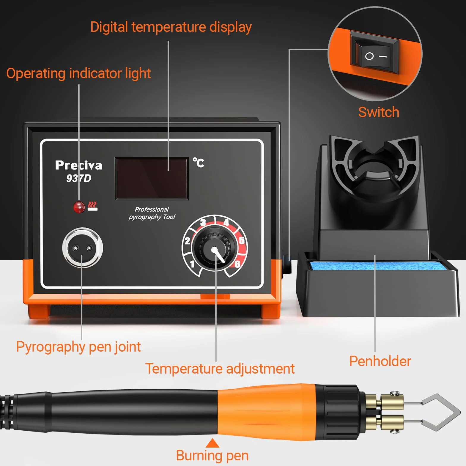 Preciva Pirograbador de Madera 25W 250-700°C con Pantalla Digital, Temperatura Ajustable, 20 Puntas Intercambiables, Estación de Pirograbado, Pirografo para Madera, para Madera y Cuero DIY