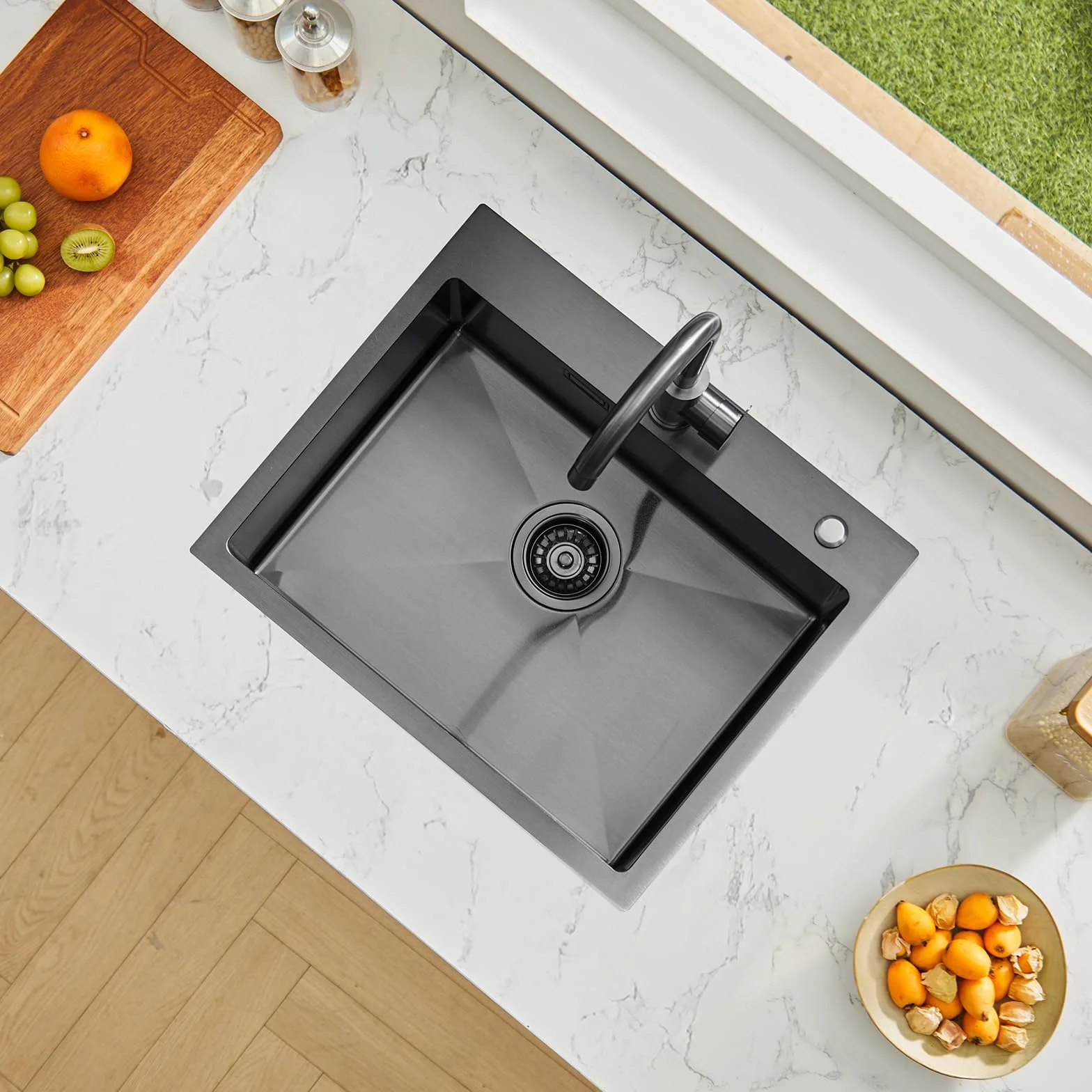 VEVOR Fregadero de Cocina con Montaje Superior de Acero Inoxidable 304, con Accesorios, Fregaderos de Lavavajillas Domésticos para RV, Cocina de Preparación y Barra, Negro, 550 x 450 x 190 mm