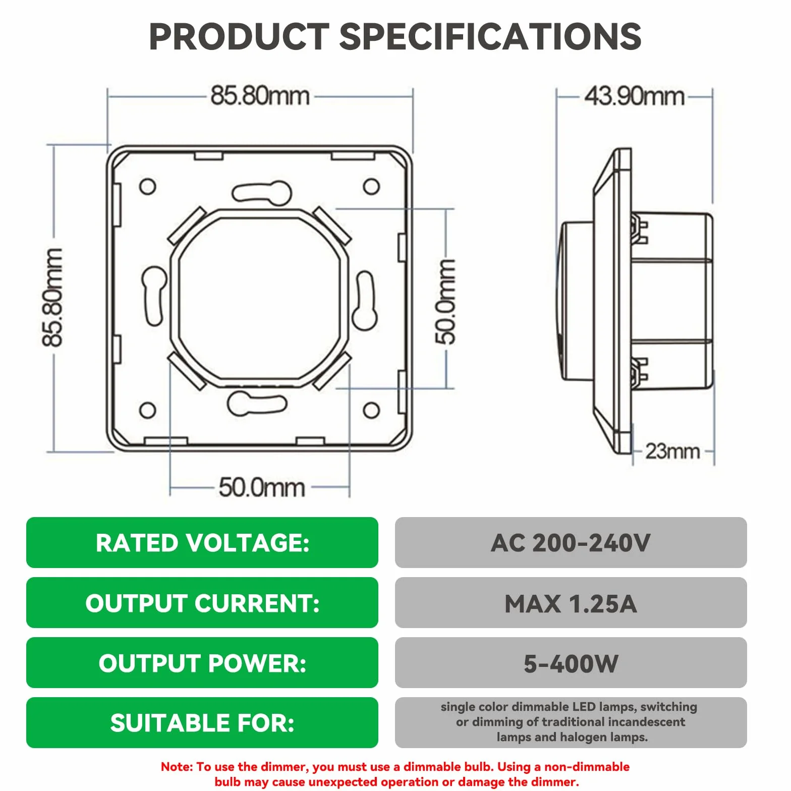Regulador de intensidad led 230V dimmer interruptor regulador de luz 5-400W Incrustado regulables perilla de dimmer apto para lámparas LED monocromáticas incandescentes y halógenas BQ-TTDIM
