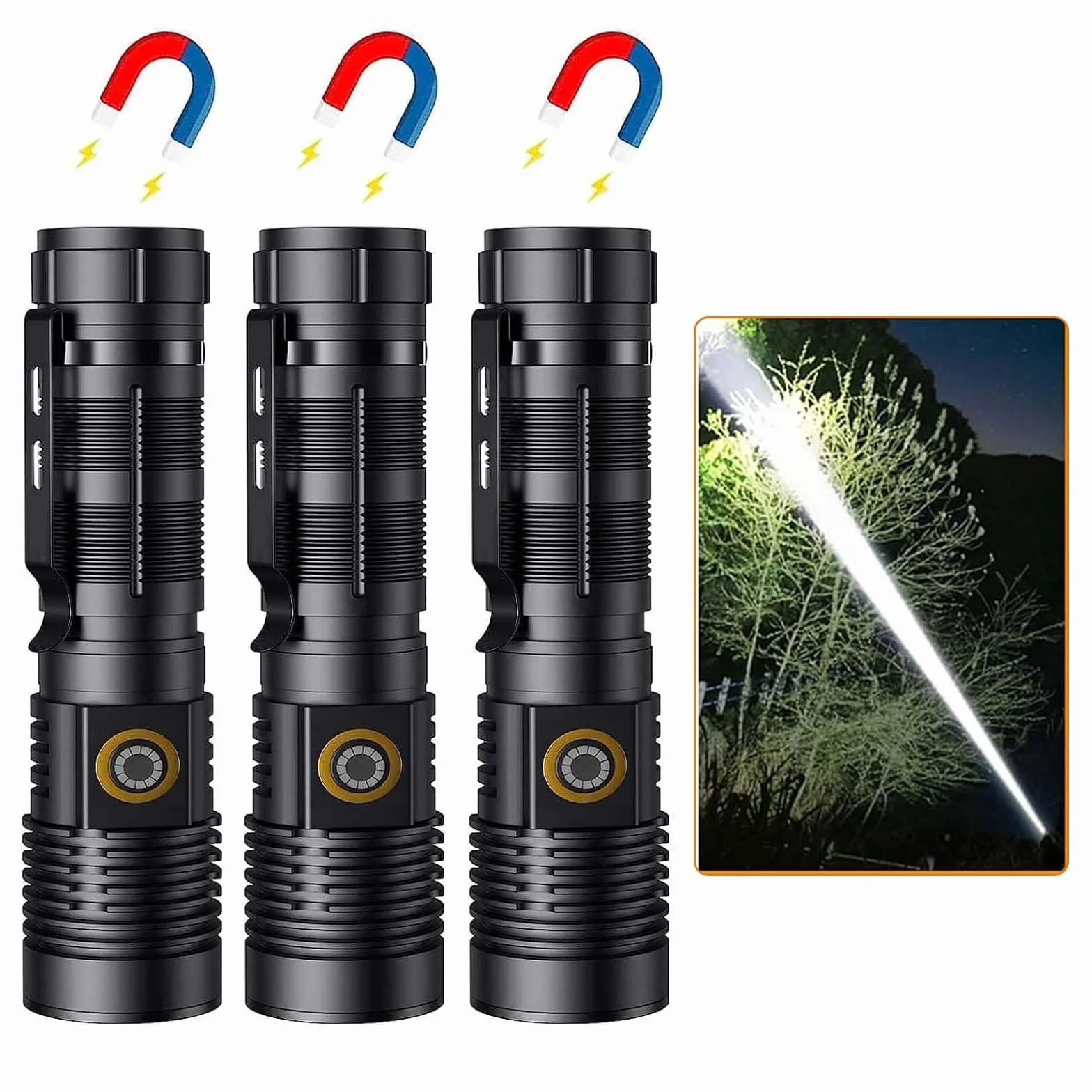 Linternas LED recargables de 20000 lúmenes altos, 1500 metros de largo haz de luz súper brillante, linterna magnética LED con zoom USB, 5 modos, linterna pequeña de haz largo para senderismo, camping