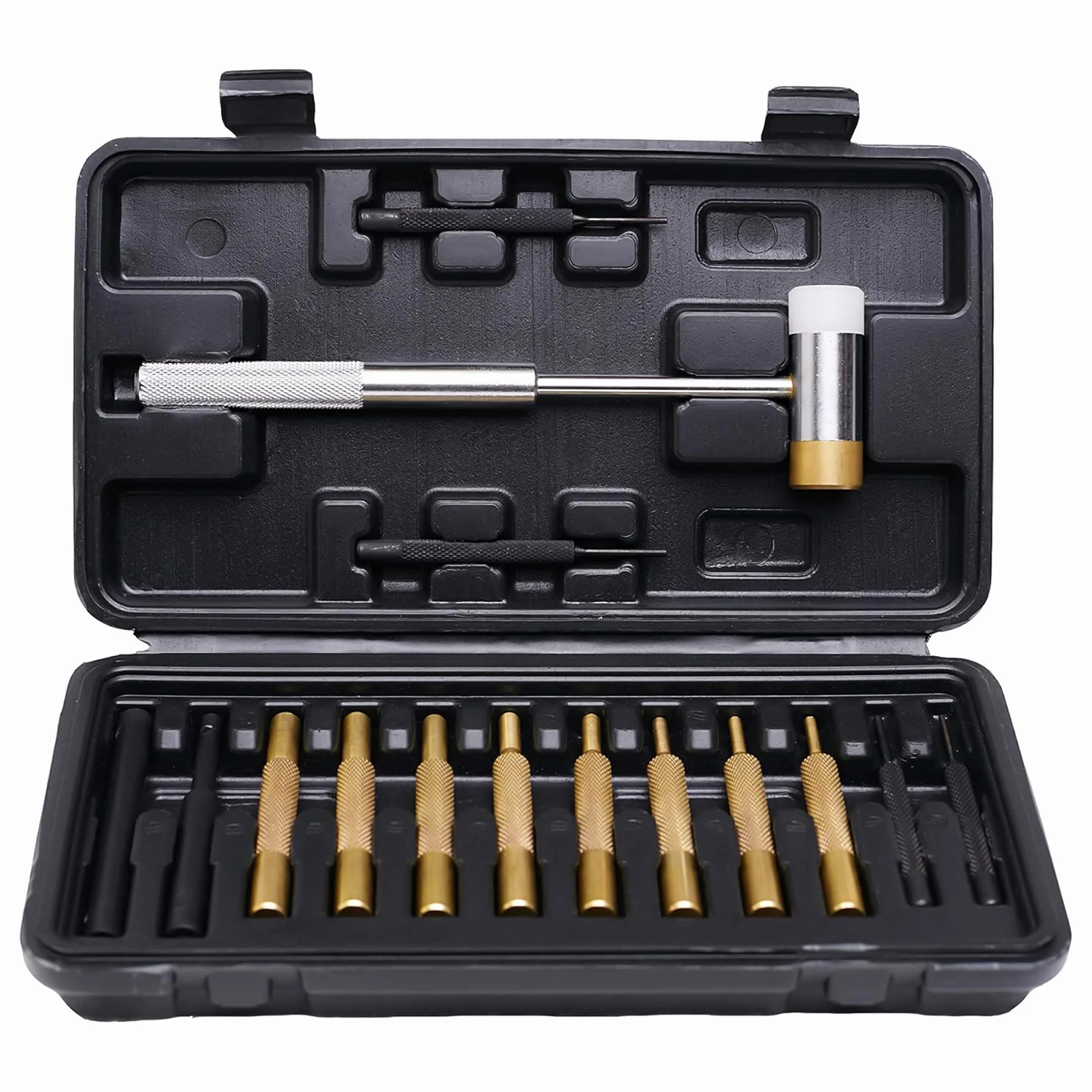 Juego de 15 punzones con martillo, destornilladores de latón y plástico, herramientas de pasador para armería, reparación de armas de fuego y maquinaria pequeña, asas moleteadas, estuche de