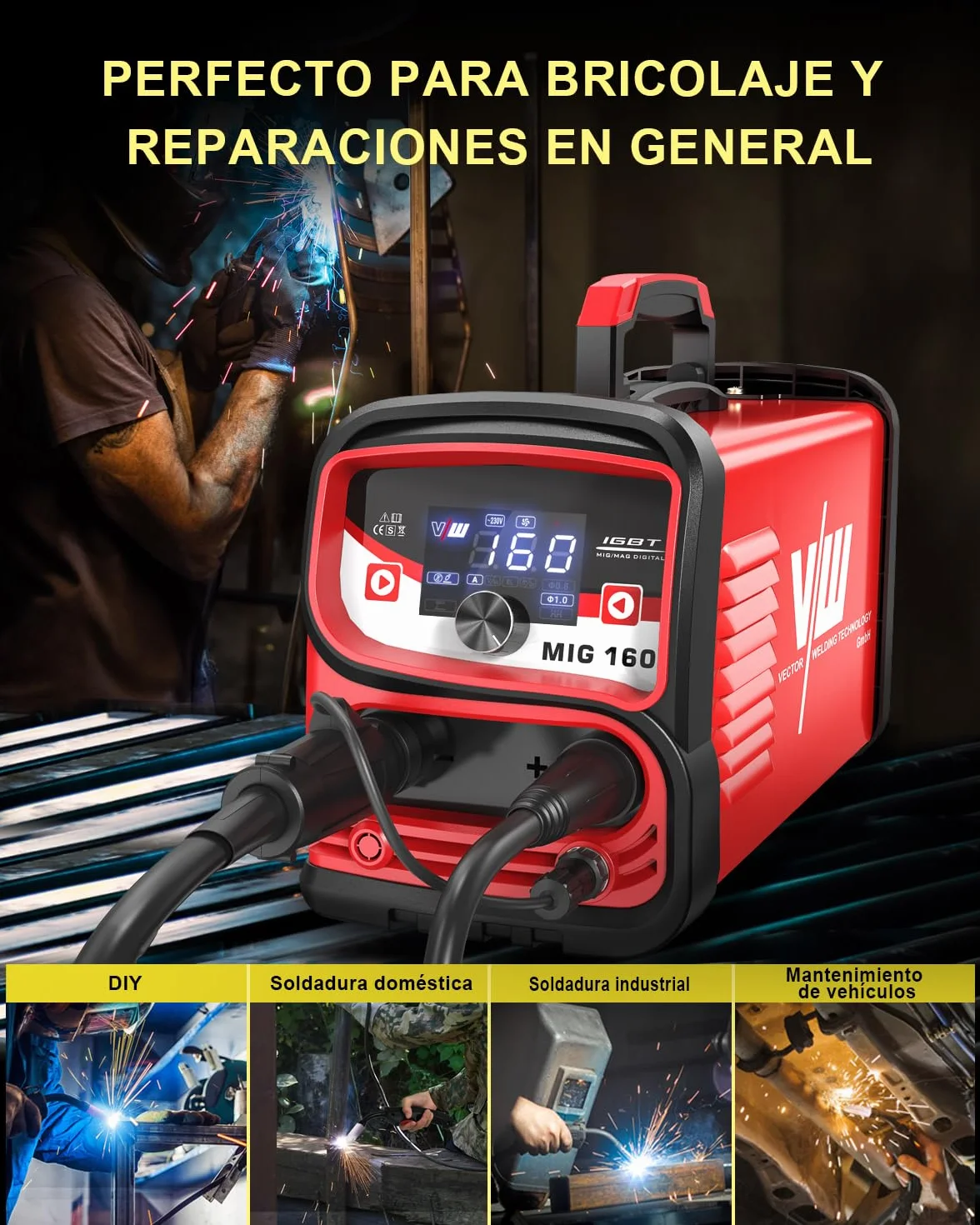 VECTOR WELDING Soldador Hilo Continuo Sin Gas 160 A, Soldadora Mig Mag Portátil con Pantalla LED, Soldador de Hilo sin Gas MIG/MMA para Principiantes, IGBT MIG 160A Set