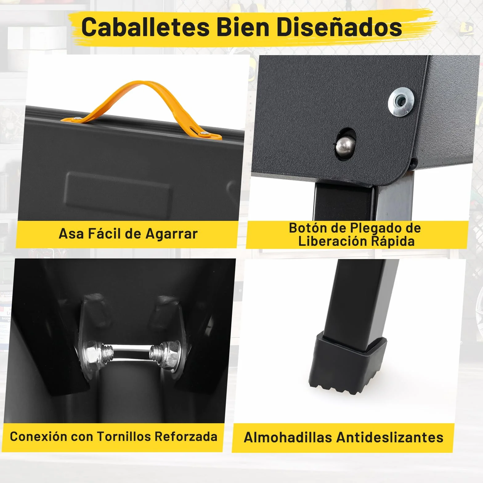 COSTWAY Juego de 2 Caballeteas de Sierra con Patas Plegables, Caballete Metálico de Trabajo con Asa y Brazos de Soporte, Borriquetas para Contratistas Carpinteros, Carga 500 kg, Negro