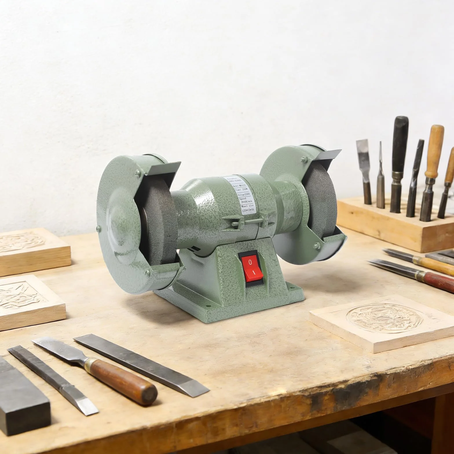 Amoladora doble, 125 mm de diámetro, motor de 250 W, 2800 rpm, amoladora doble, velocidad lineal segura: 40 m/s, base estable, para afilar cuchillos, cinceles y herramientas de tallado