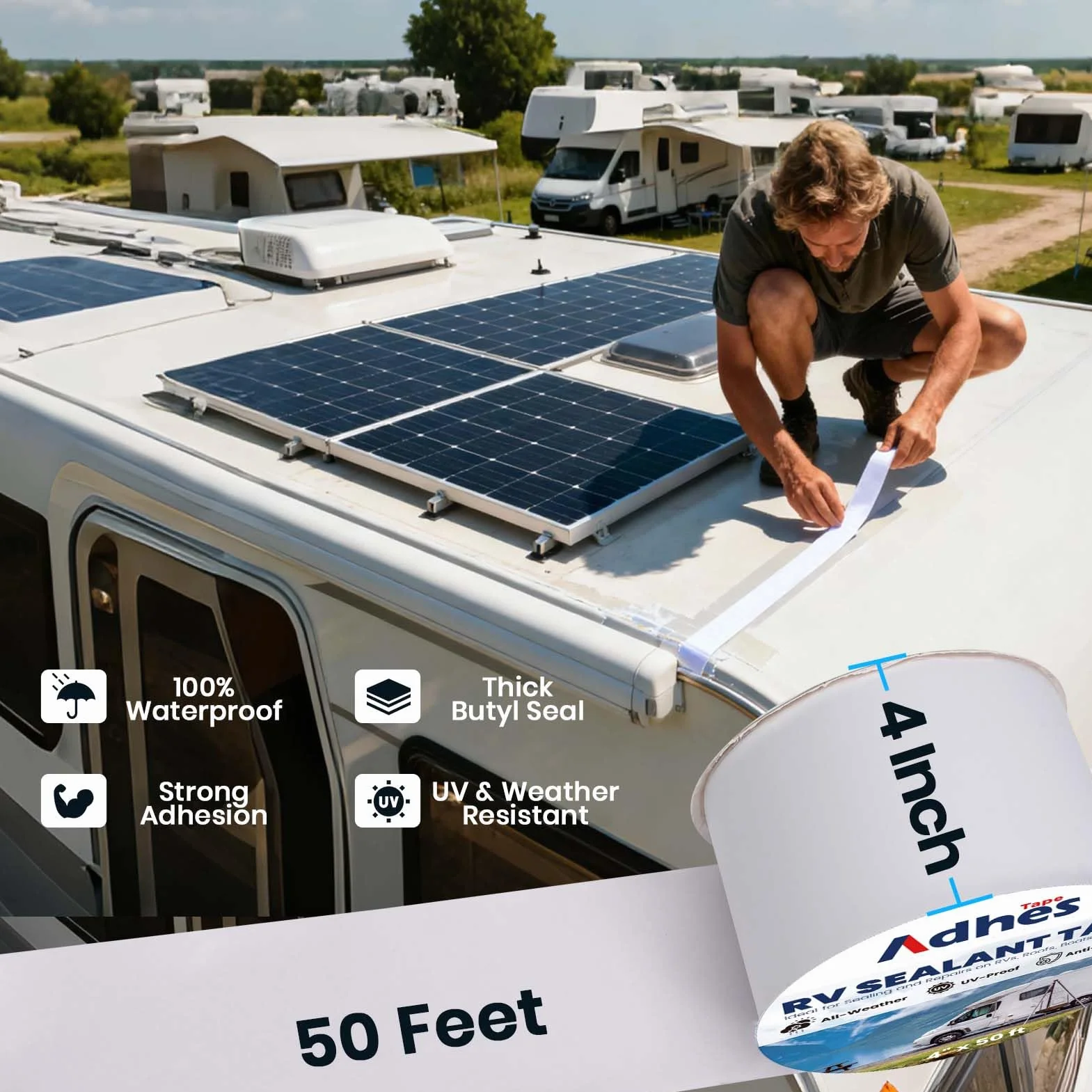 ADHES Cinta adhesiva para caravana blanca, 100 mm x 15 m, cinta impermeable para caravana, de goma butílica, para RV, autocaravana, autoadhesiva, para ventanas, techo, caravana, tubería