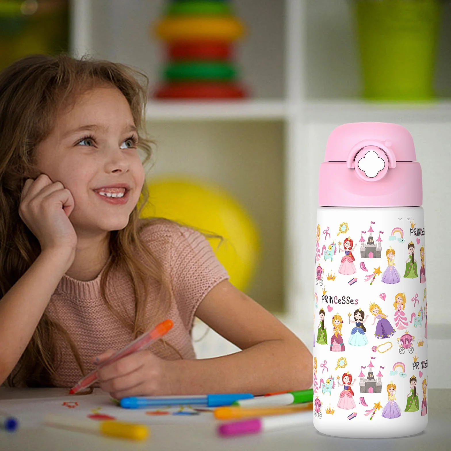 Botella De Agua Aislada Para Niños Con Pajita Desplegable,500 Ml,taza Infantil De Acero Inoxidable,a Prueba De Fugas-sin Bpa,para La Escuela,niñas（Princesa）