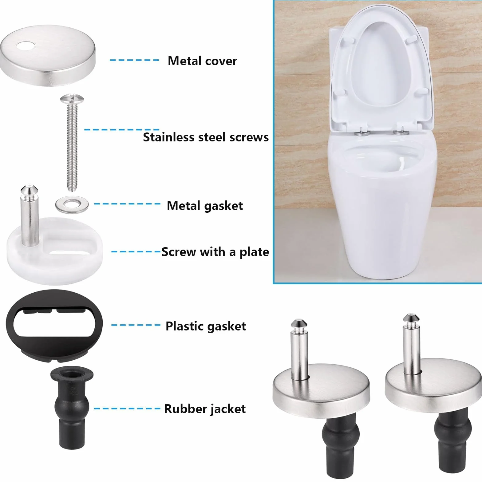Tornillos para asiento de inodoro,2 Bisagras Tapa WC,Fijación de Asientos de Inodoro,con Goma Tornillos para Montar y Fijar la Tapa del Inodoro