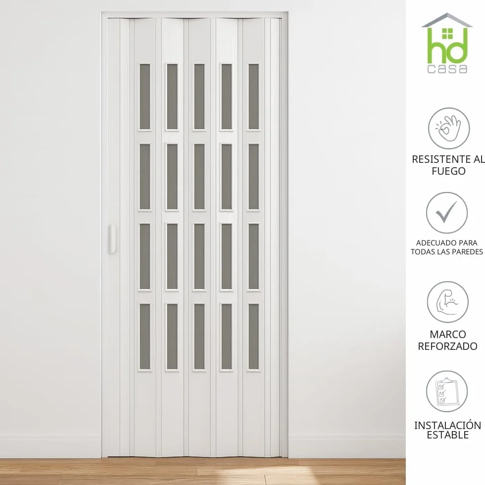 HDcasa Puerta plegable Extra Standard, PVC con cristal transparente, reversible y regulable en altura longitud, para montaje propio, fabricada Italia, decoración del hogar, blanca, 82 x 210 cm