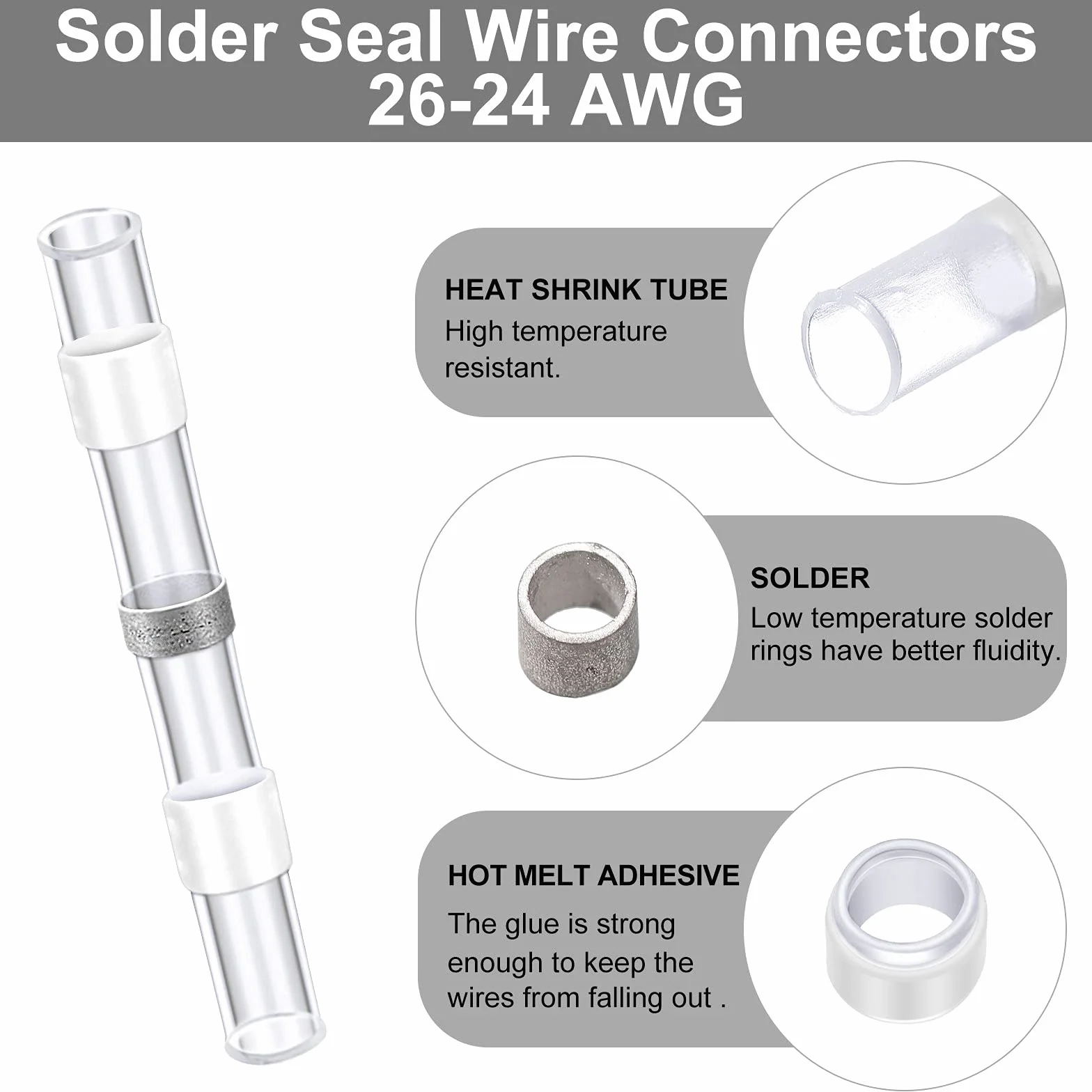 300 Sellos de Soldadura Conector de Cable Conector a Tope Termorretráctil Terminal Aislado Impermeable de Cable de Empalme a Tope Terminal Eléctrico Marino Automotriz (Blanco, 26-24 AWG)