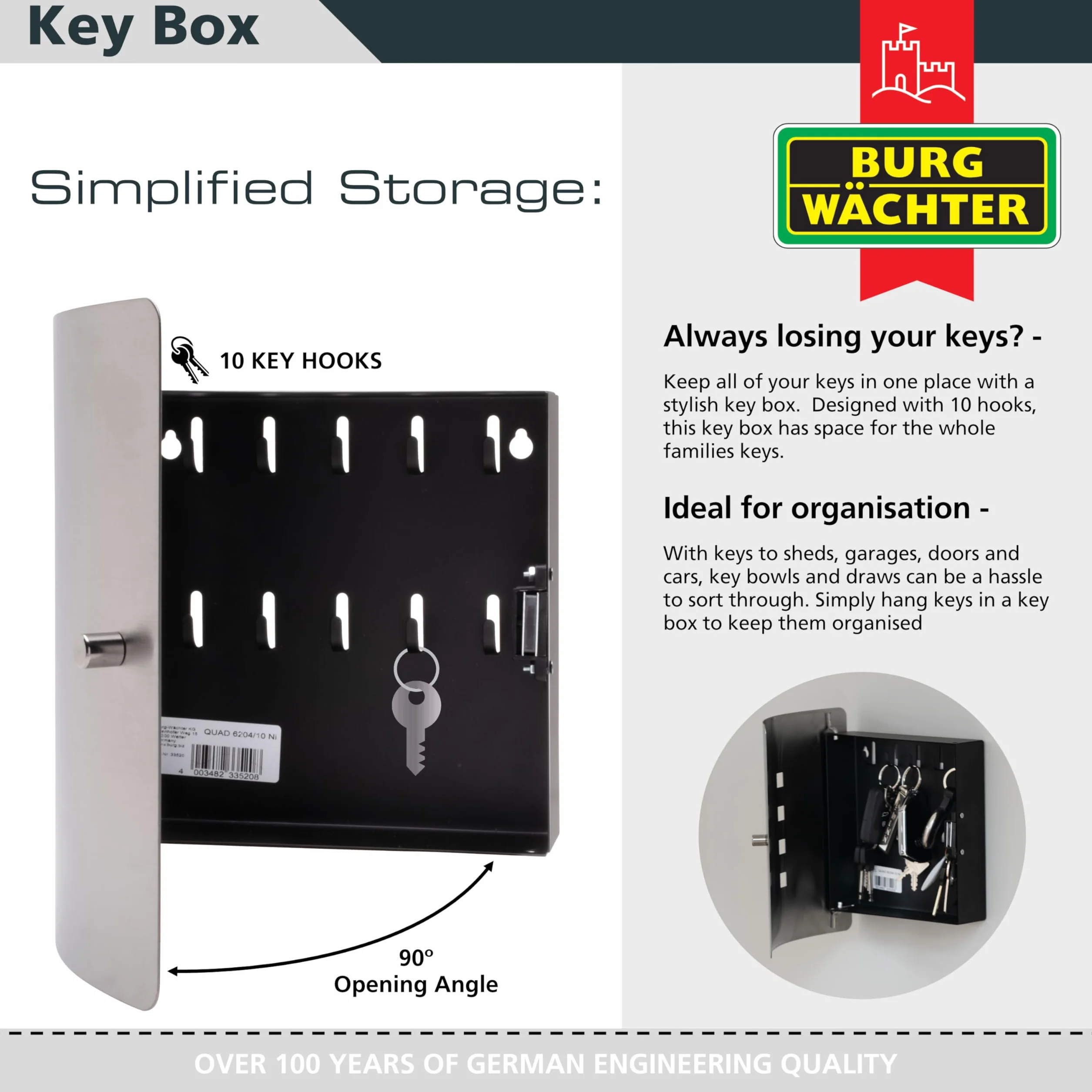 BURG-WÄCHTER Armario para llaves con 10 ganchos y cierre magnético, Caja para llaves Quad 6204/10 Ni, Acero inoxidable/chapa de acero, Plateado/negro