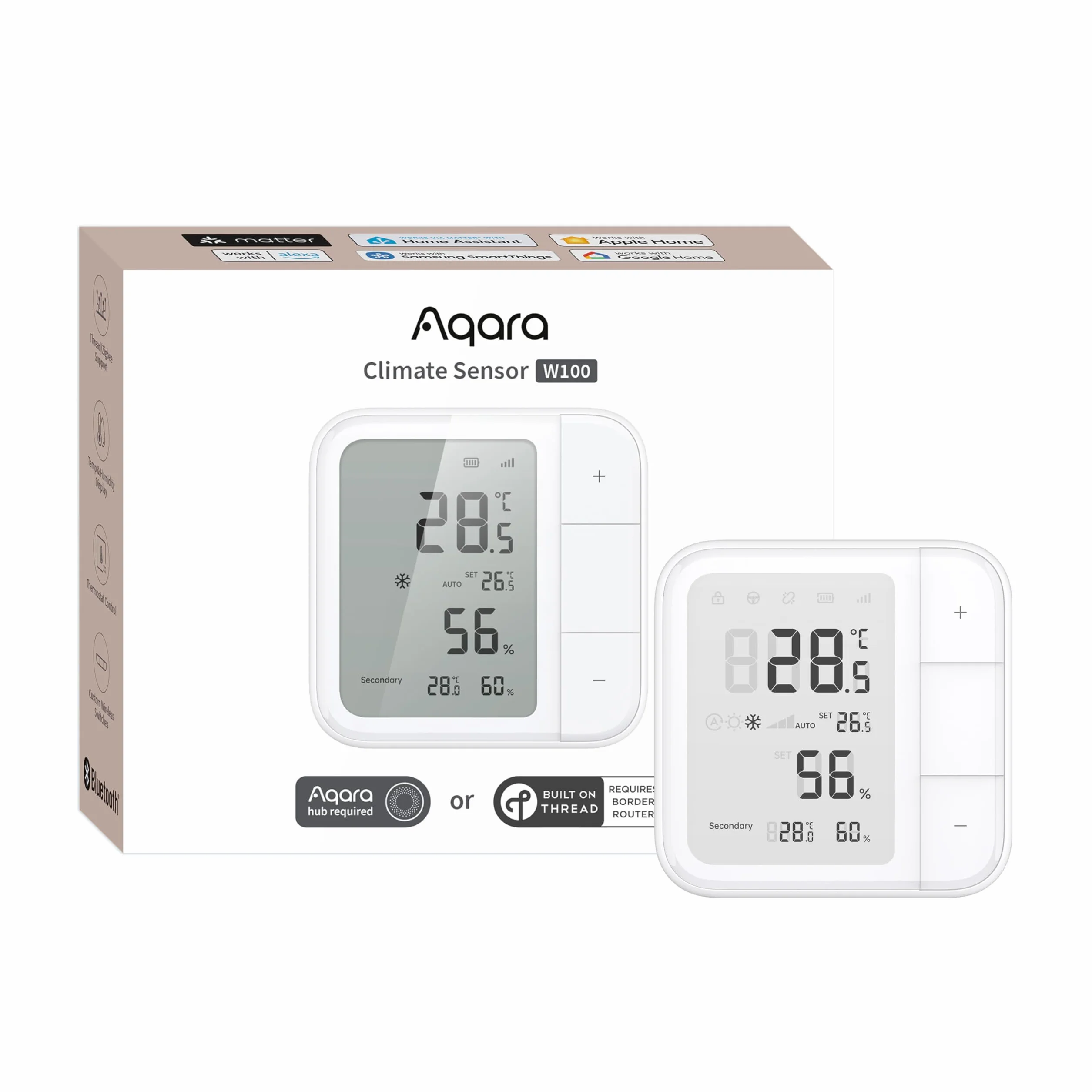 Aqara Termostato de Habitación Inteligente W100 Thread/Zigbee, Monitoreo de Temperatura y Humedad, Control Inalámbrico, Remoto de HVAC, 3 Botones Personalizables, Compatible Apple Home, Alexa, Google