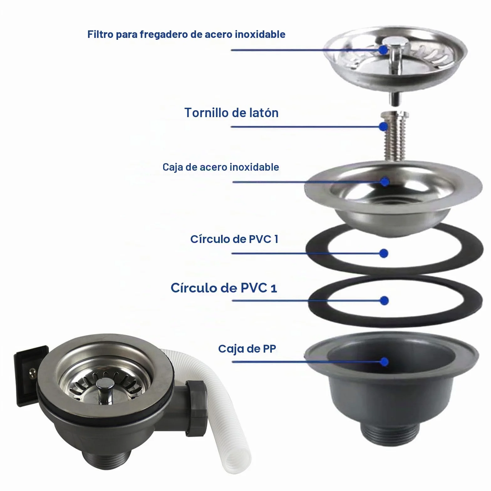 Válvula de cesta de acero inoxidable para desagüe de fregadero con rebosadero 114 mm sifón de cocina