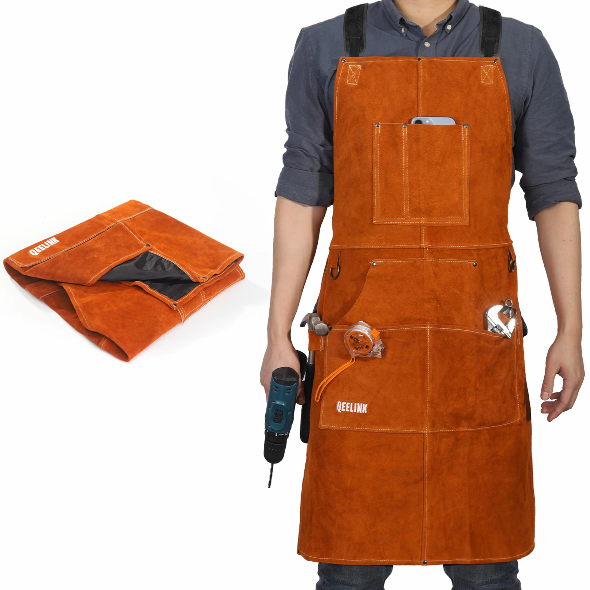 QeeLink delantal de soldador de cuero, delantal de cuero con 6 bolsillos para herramientas, mandil de carpintero resistente para hombres y mujeres, resistente al calor
