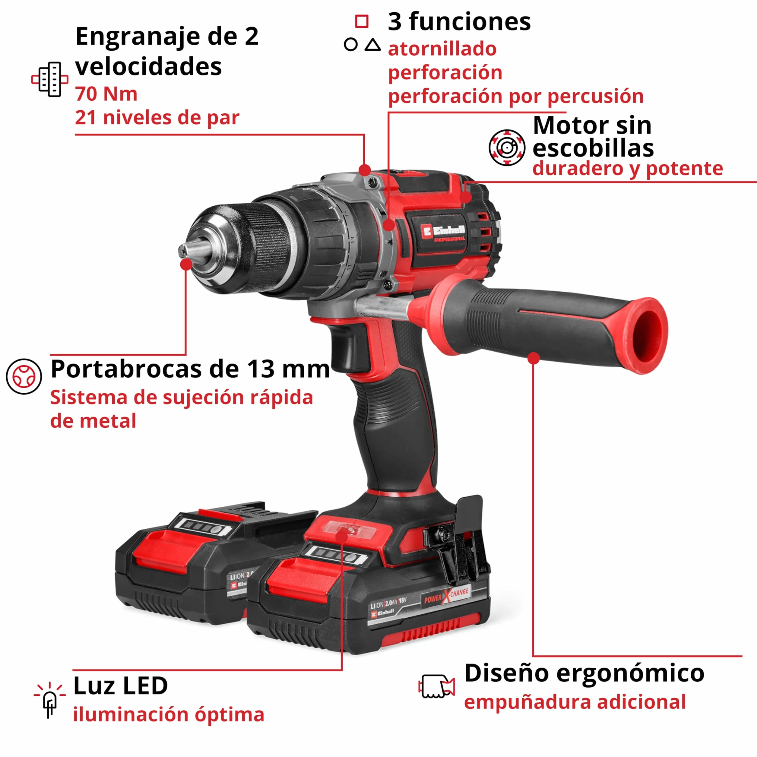 Einhell Professional Taladro percutor con batería TP-CD 18/70 Li-i BL Power X-Change (18 V, sin escobillas, 70 Nm, función de perforación por percusión 2x 2,0 Ah, cargador, E-Case)