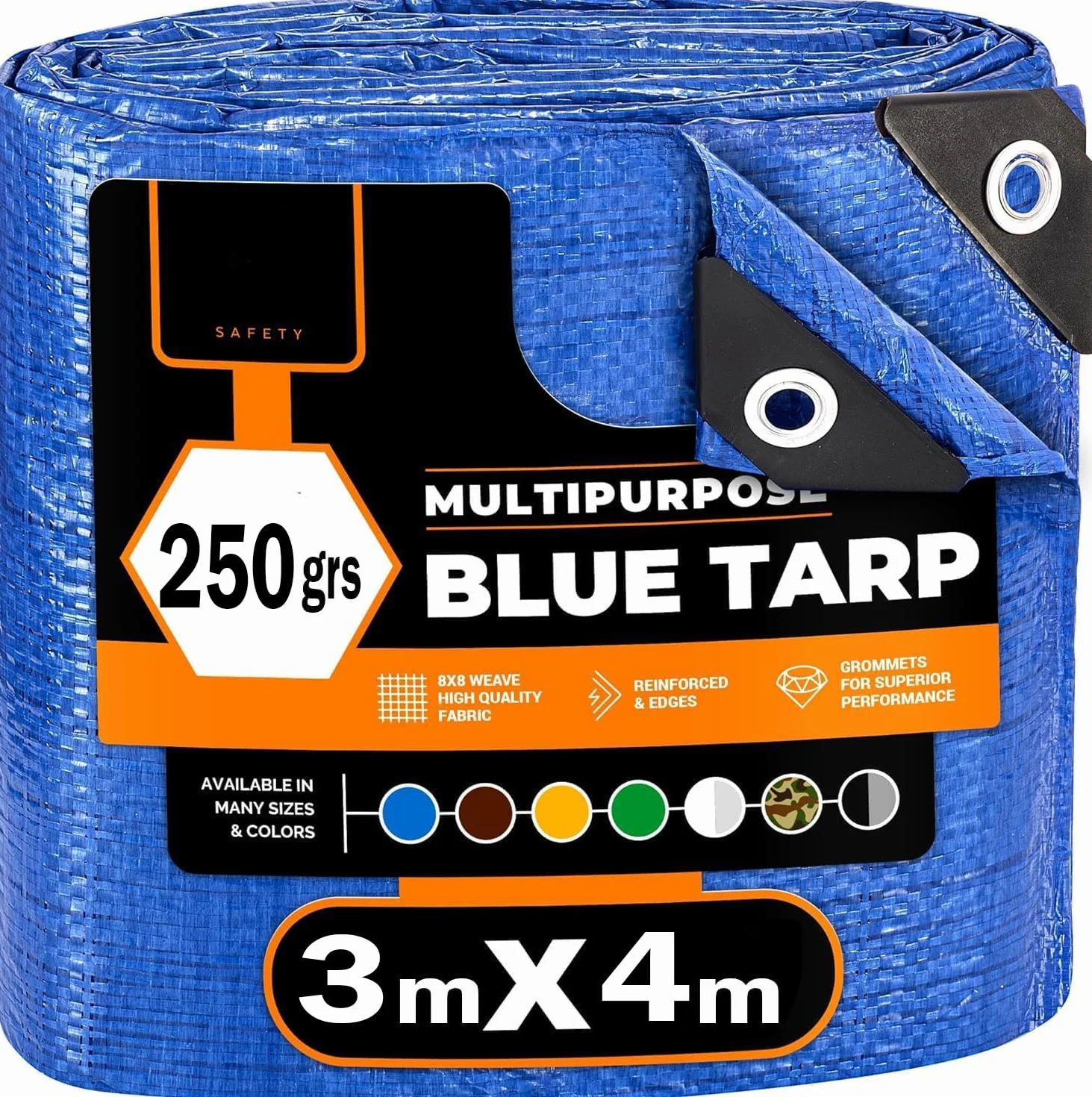 (Azul/Negro, 3x4 250g) Lona Impermeable Exterior - Reforzada - Argollas Antidesgarro - Toldo 100% Impermeable y 100% Protección UV - Cubretodo Múltiples Usos - 3 Capas Laminado Cruzado