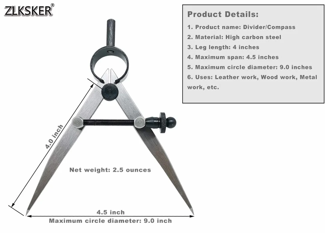 Brújula profesional de cuero 4 pulgadas divisor ala resorte precisión trazado metal carpintería metalurgia