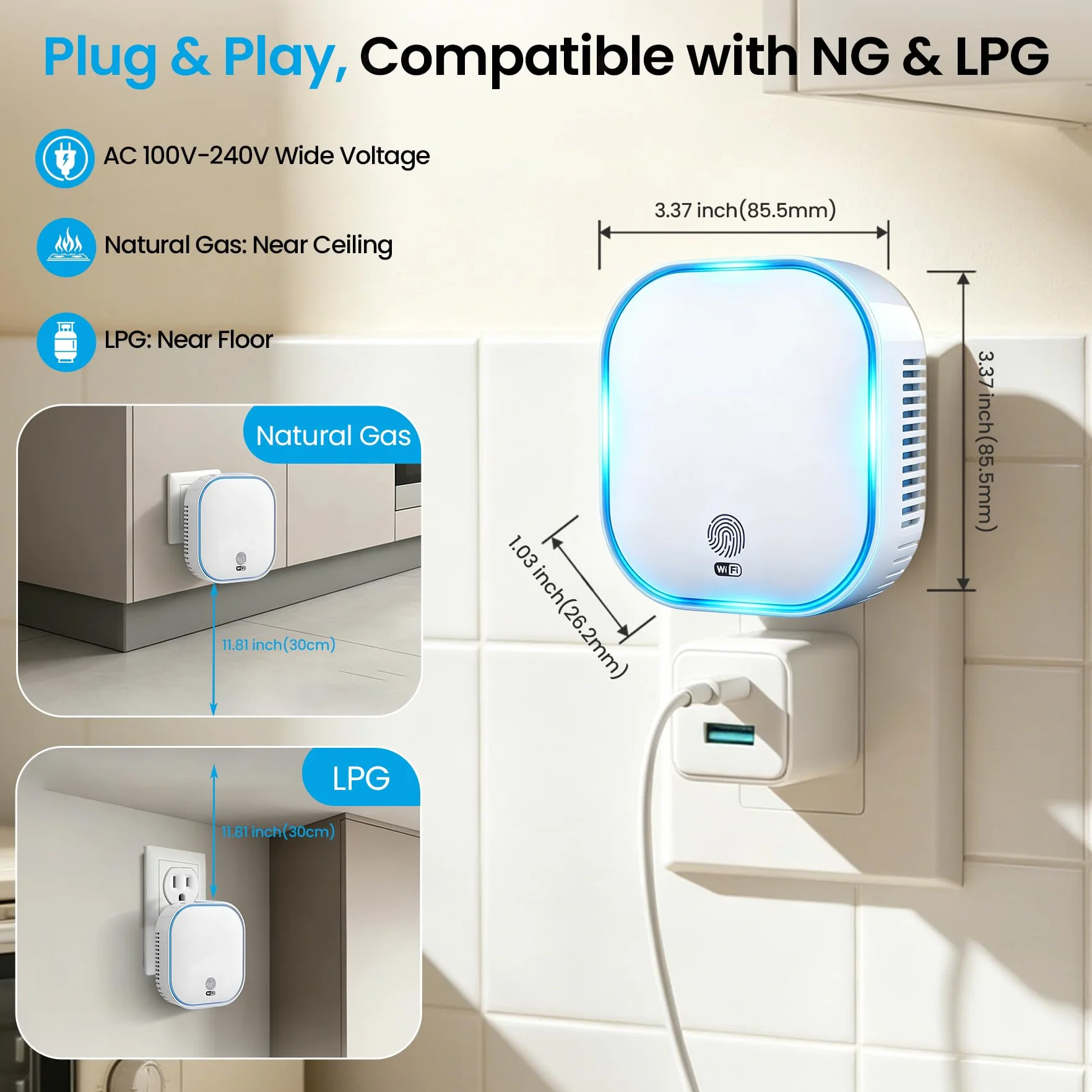 BoundlessBrothers Detector de Gas WiFi para Enchufe, Alarma de Gas Doméstica según EN 50194, Detector de Gas Plug-in con App Tuya Smart, WiFi 2,4 GHz, para Gas Natural, Metano, Propano, Butano