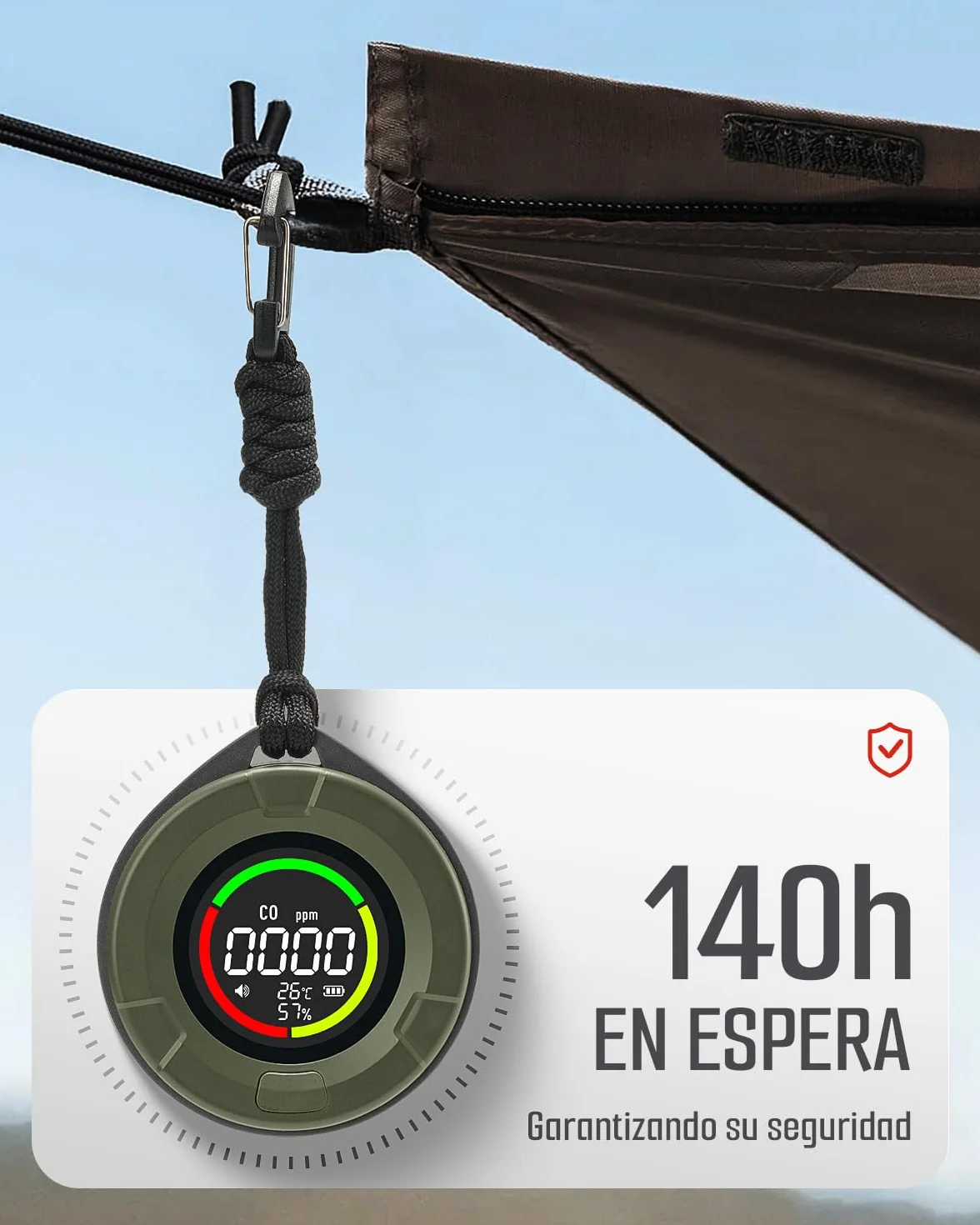 Detector de monóxido de Carbono portátil GasDoc DS-100, Detector de CO 3-en-1 para Viaje & Camping, medidor de CO Recargable con Alerta Audible & Visual, Alarma para hogar & Coche - Bosque Oscuro