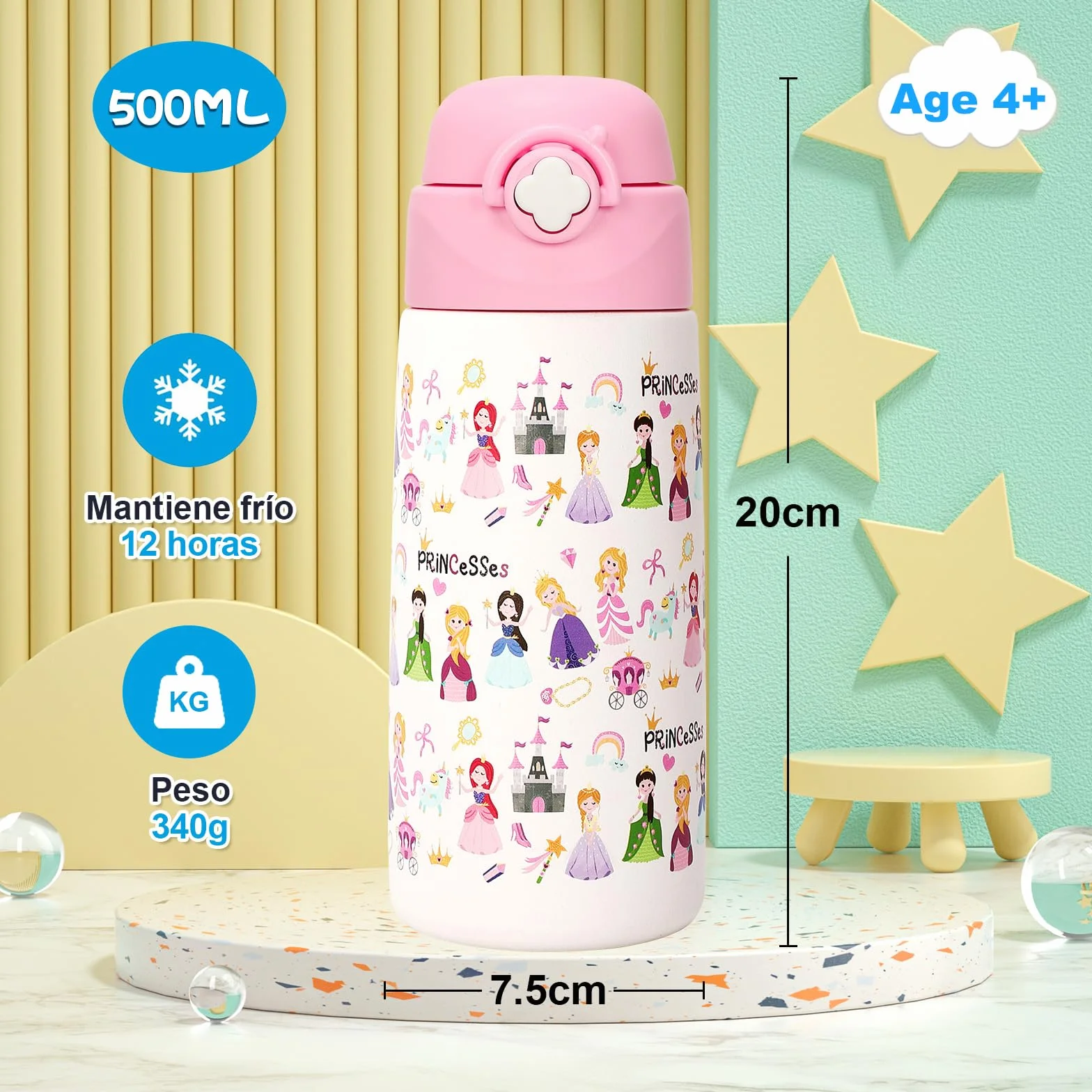Botella De Agua Aislada Para Niños Con Pajita Desplegable,500 Ml,taza Infantil De Acero Inoxidable,a Prueba De Fugas-sin Bpa,para La Escuela,niñas（Princesa）