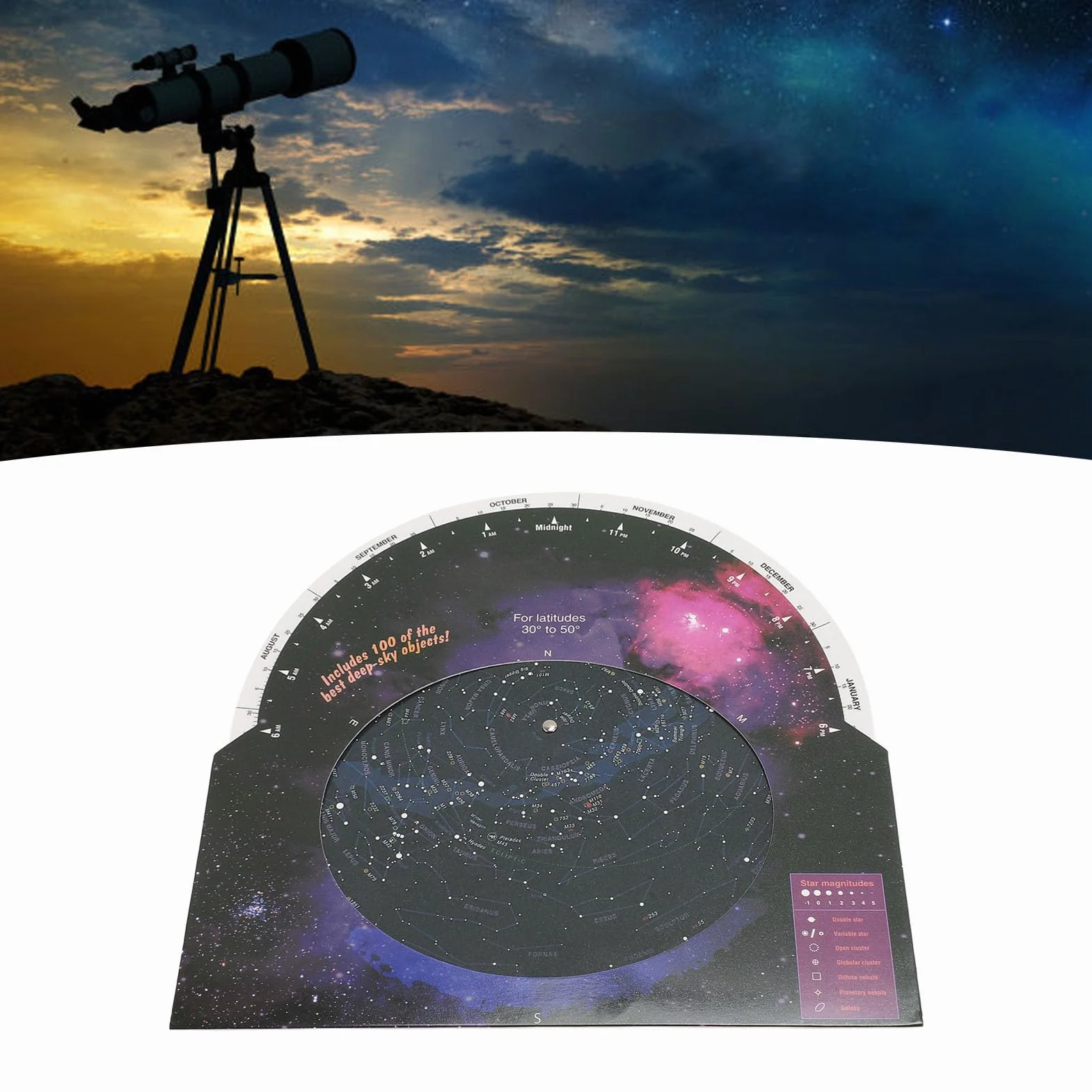 Planisferio Star Target, Guía de Mapas Estelares de Astronomía con 100 Cúmulos de Estrellas, Nebulosas y Galaxias, para Observar Constelaciones, Estrellas Brillantes y Objetos