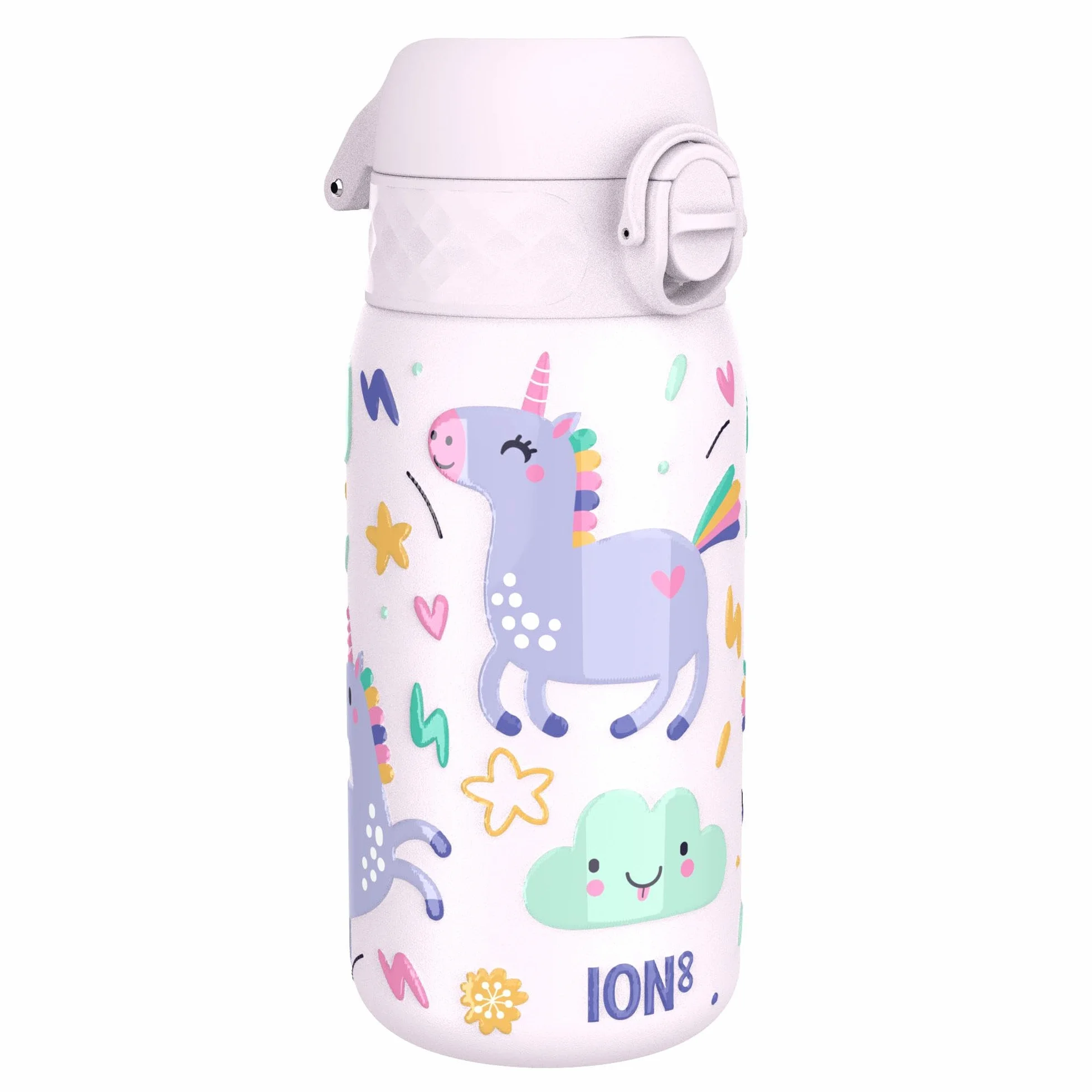 ion8 Butelka Wody Inox dla Dzieci 400ml, Lekka, Nieprzeciekająca, Łatwa do Otwarcia, Bezpieczna, Odpinana Pokrywa, Jednorożec, Różowy