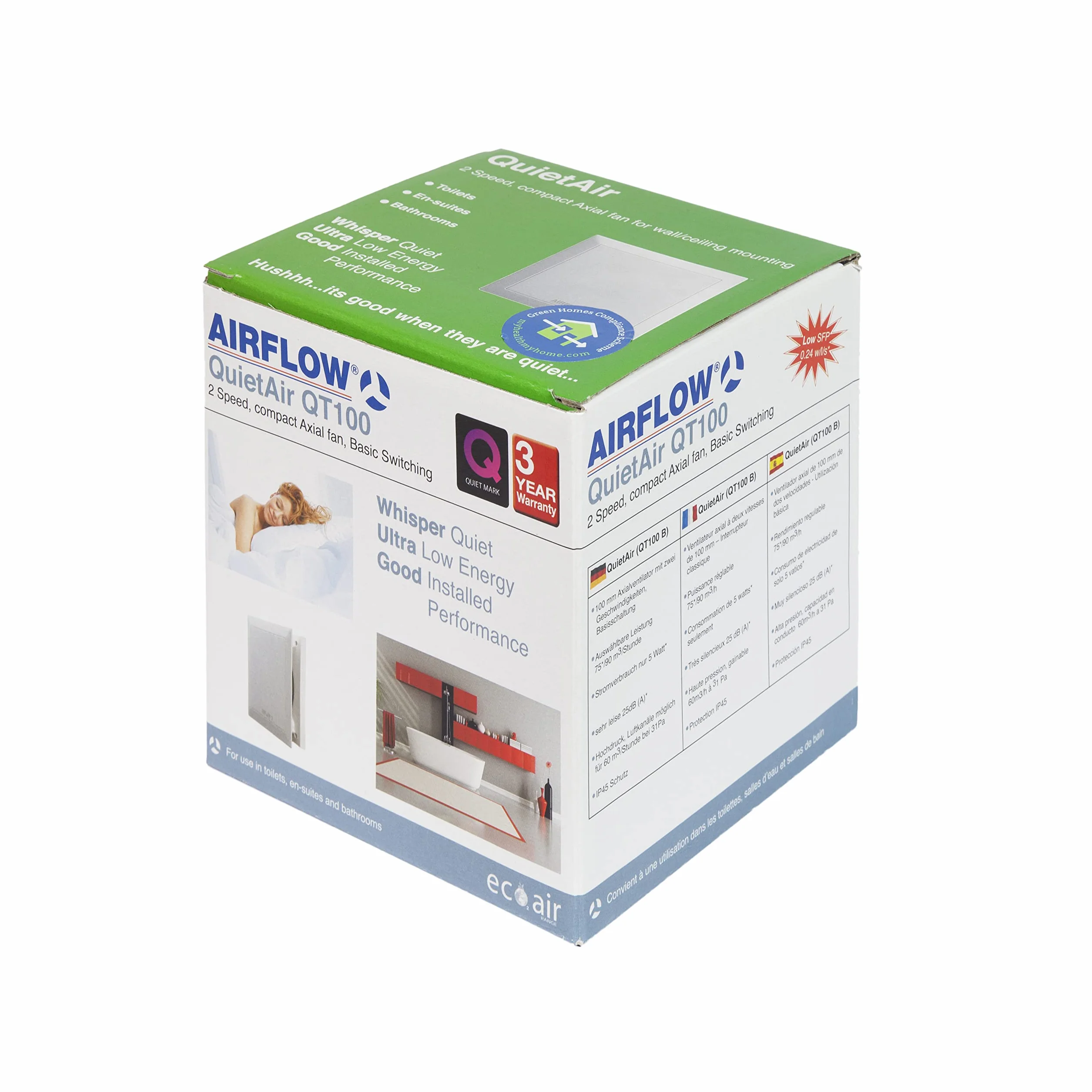 Airflow QT100B Extractor Baño Básico, 100 mm, 2 Velocidades, 25 dB(A), 5/9 W, Hasta 25 l/s, Certificado QuietMark, Garantía 3 Años