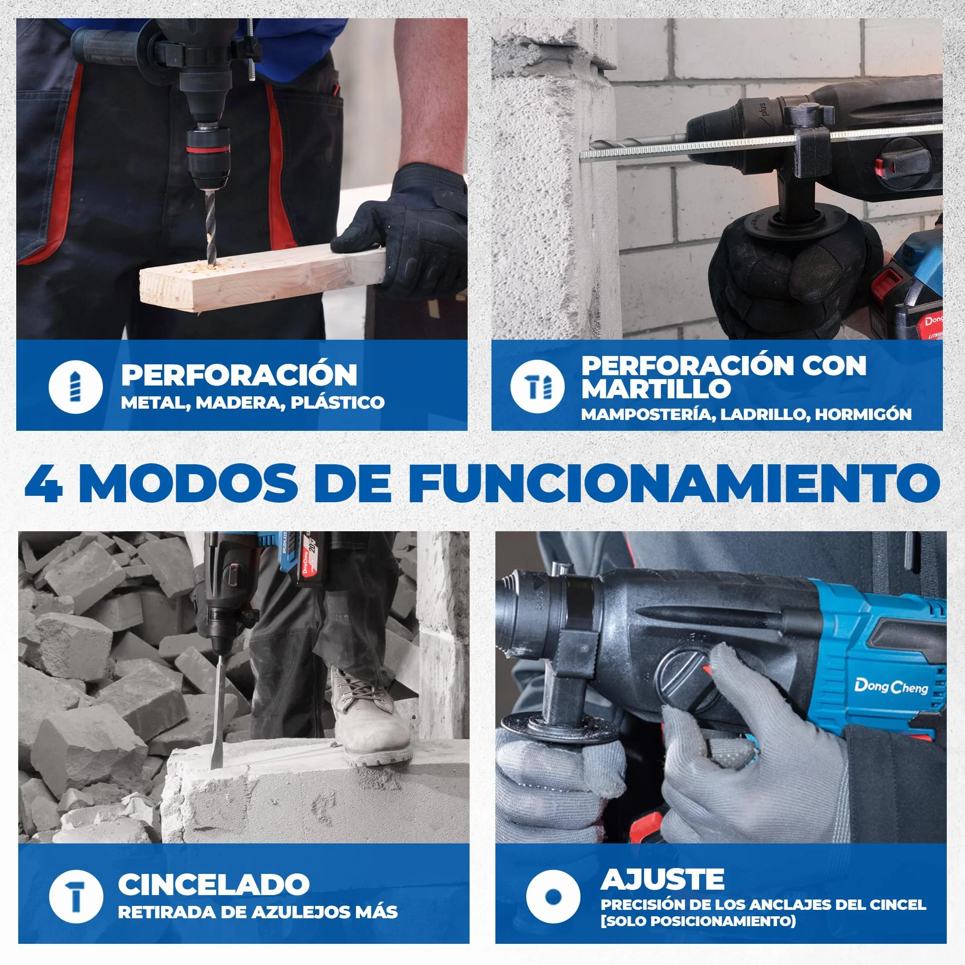 DongCheng Martillo perforador sin cable 18V, martillo percutor a batería 2,8 J, 4 piezas SDS-plus, perforación hasta 28 mm, motor sin escobillas empuñadura antivibración baterías 4Ah y cargador 2A