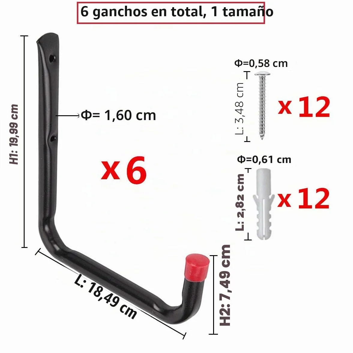 Ganchos para uso general de almacenamiento en el garaje de acero para servicio pesado, perchas en U para montaje en pared, para escaleras Otros artículos voluminosos (6 piezas, gancho de 7.2 ")