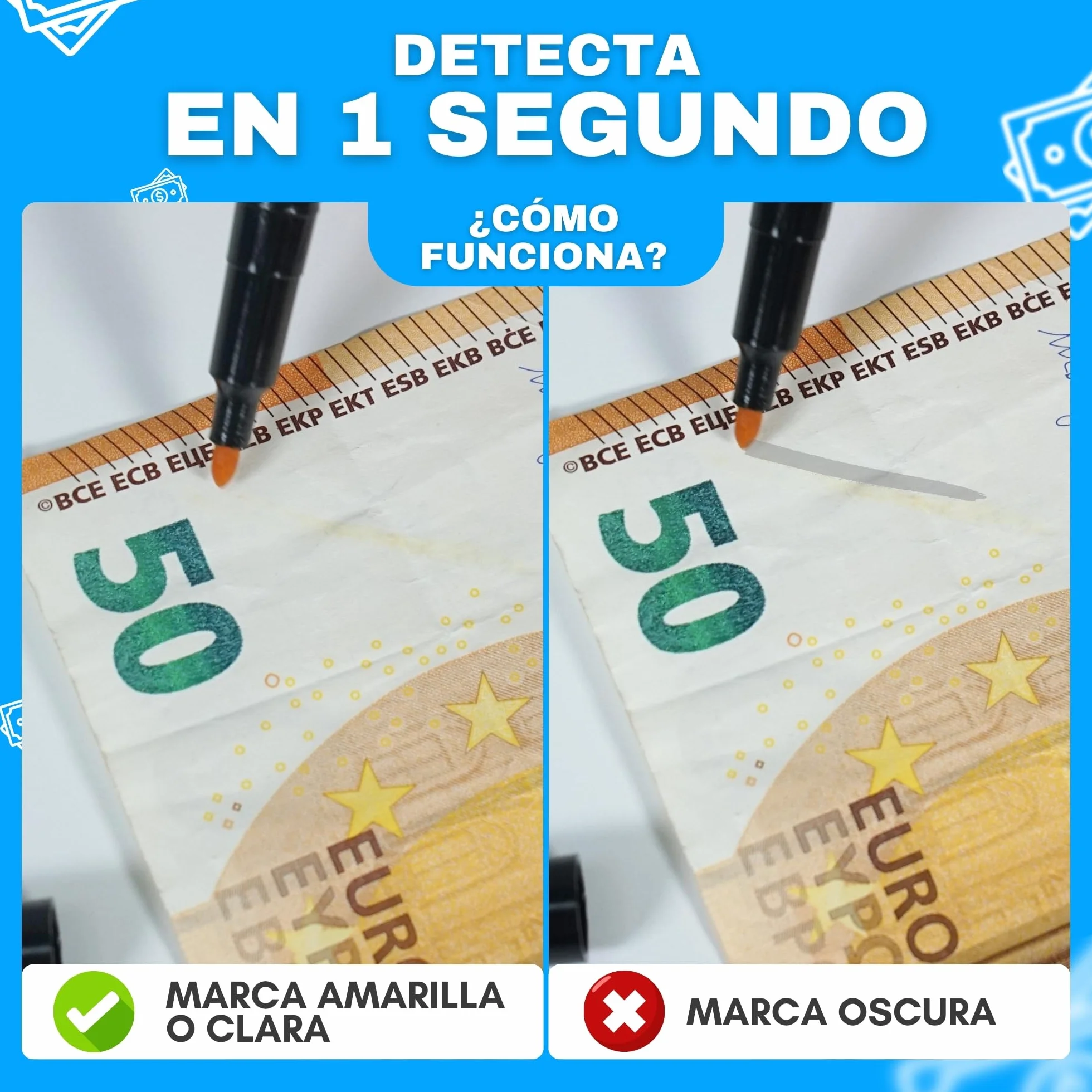 Rotulador Detector de Billetes Falsos 6 Uds Comprobación Rápida Euros Dólares Libras