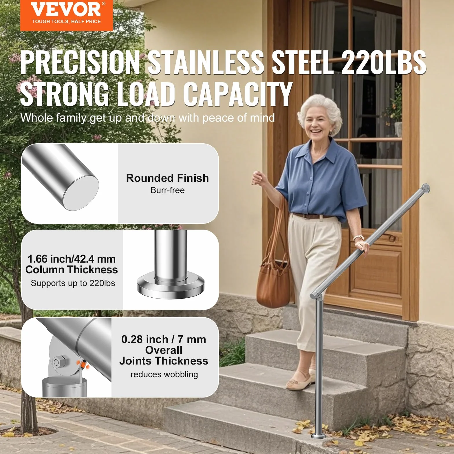 VEVOR Barandilla de Escalera 100 cm Pasamanos de Escalera para Escalones Exteriores de Acero Inoxidable Montaje en Pared y Suelo con Kit de Instalación para Personas Mayores, Porche, Terraza, Plata