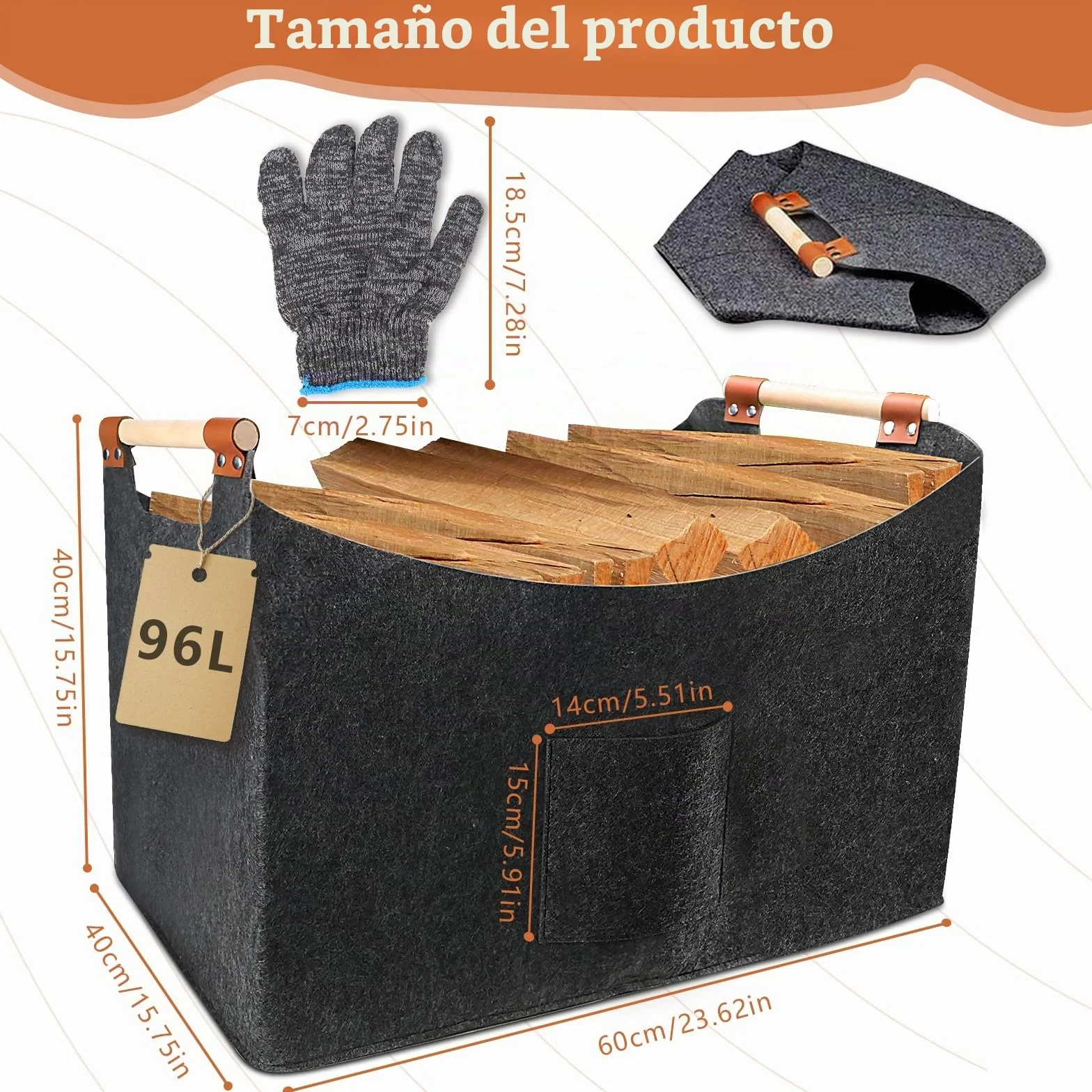 Cesta de madera para leña grande, de fieltro, XXL (96 L, 60 x 40 x 40 cm), plegable, fieltro extragrueso con mango de madera y guantes, para compras y leña, color gris oscuro (96 L)