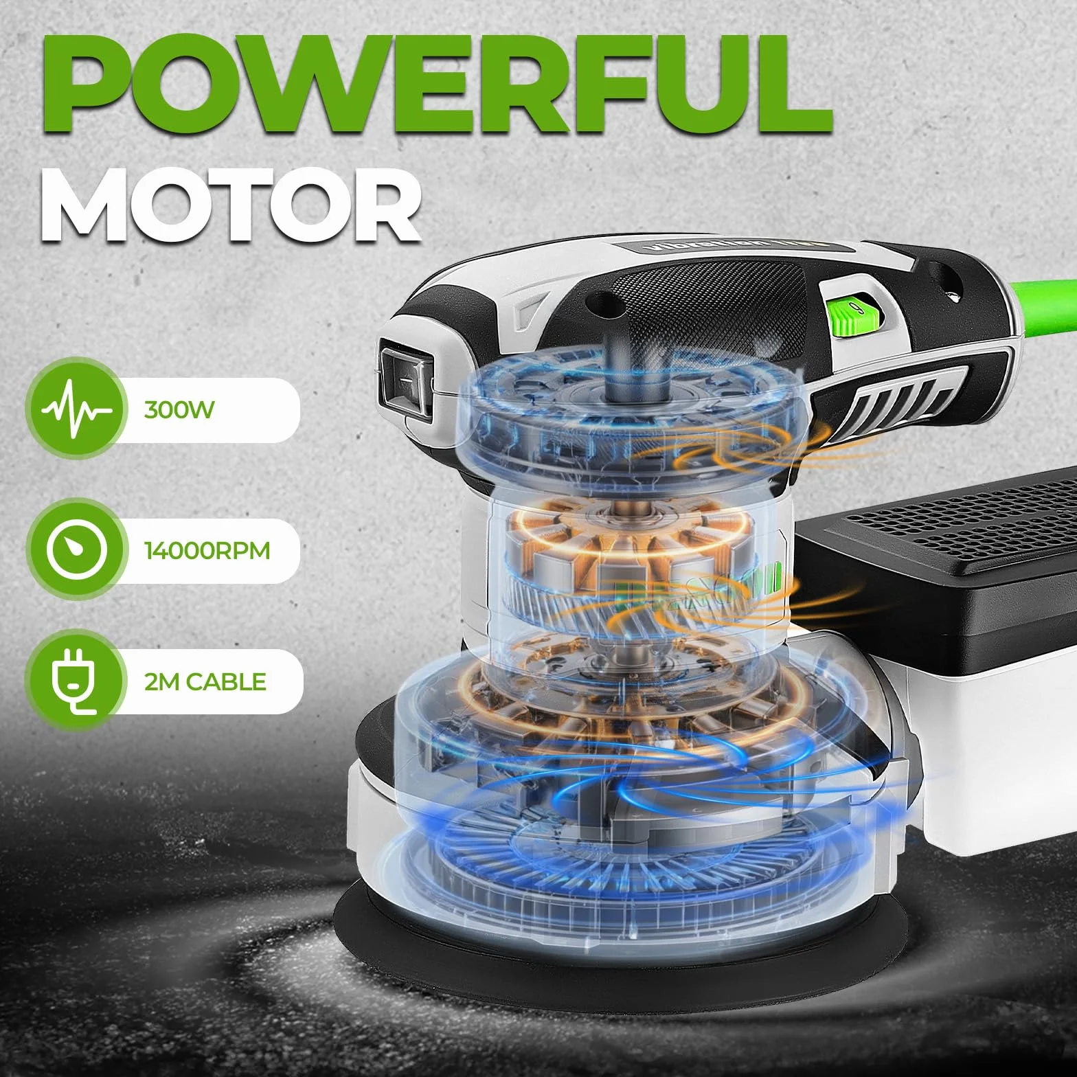 DESOON Lijadora Orbital de 300W, con 20 Hojas de Lija Incluidas, 6 Velocidades, 14 000 rpm, lijadora Madera de 125 mm, Apta para Carpintería y Trabajos de Lijado