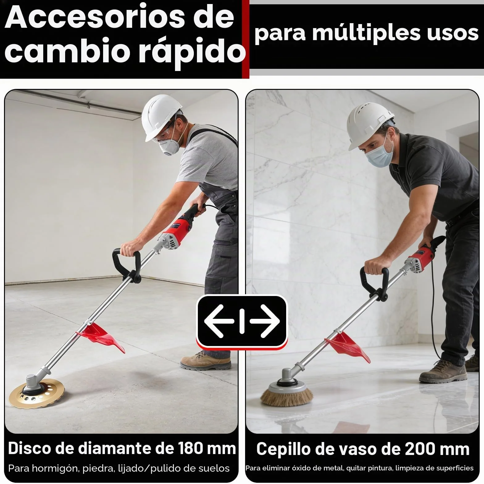 Amoladora de Hormigón Eléctrica de 1,5 M, Lijadora de Hormigón Eléctrica 2800W, Pulidora Suelos, Lijadora de Paredes y Techos, con Plato Lijador 180 mm, Cepillo 200 mm, Para Paredes y Metal